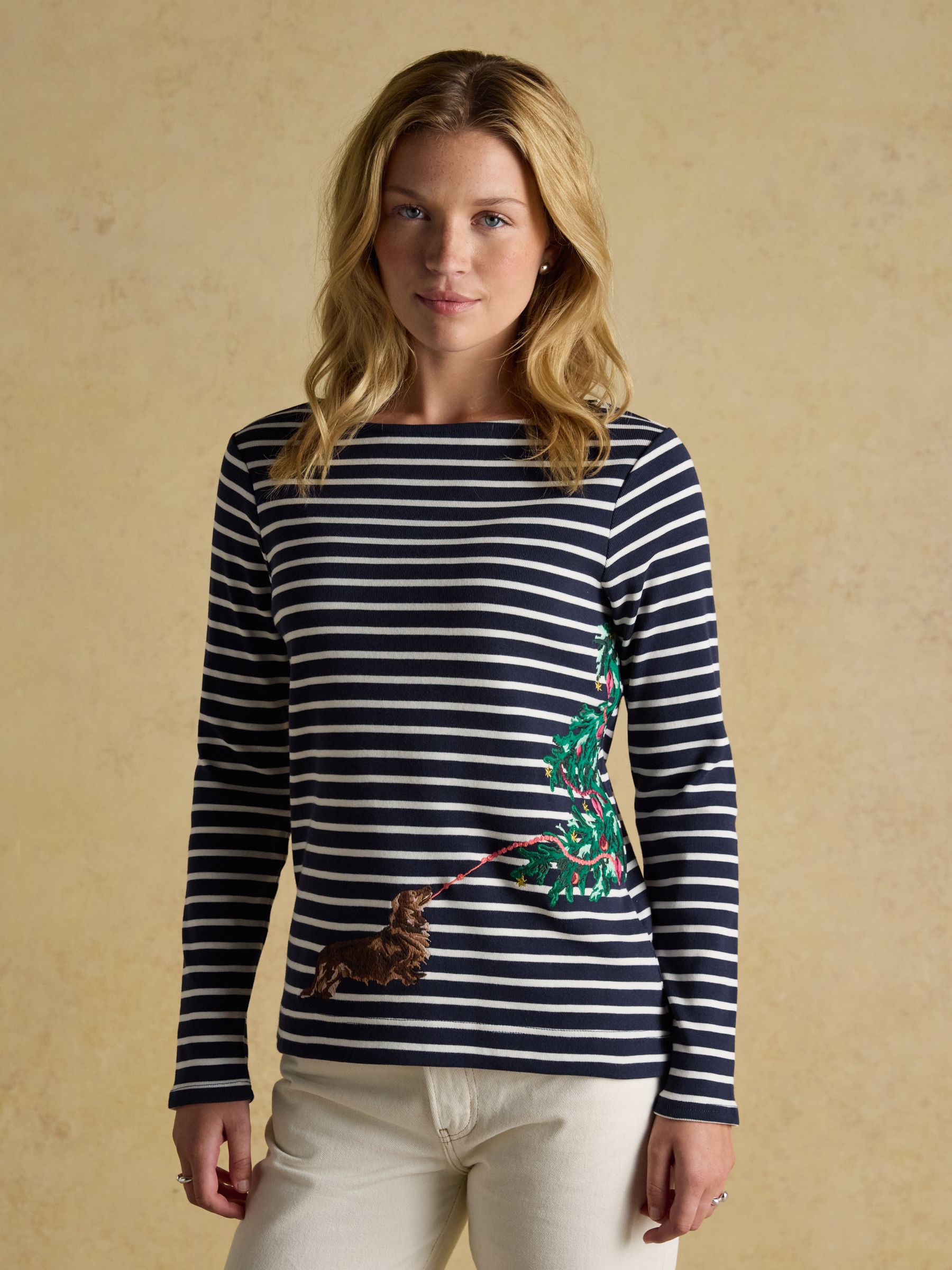 Christmas Harbour Dog Navy/Cream Boat Neck Breton Top - Image 1 of 8 Christmas Harbour Dog Navy/Cream Boat Neck Breton Top - Image 1 of 8
