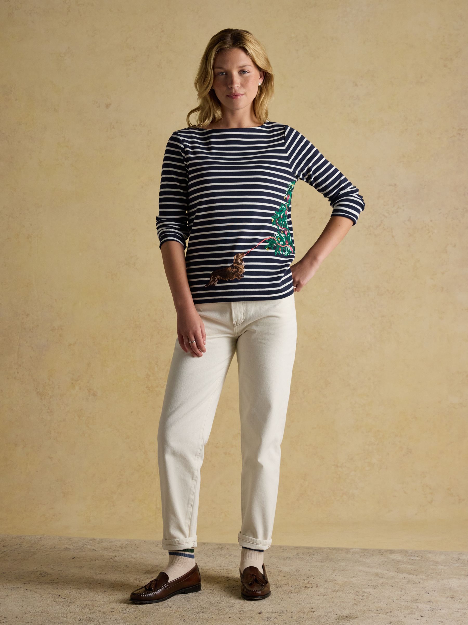 Christmas Harbour Dog Navy/Cream Boat Neck Breton Top - Image 4 of 8