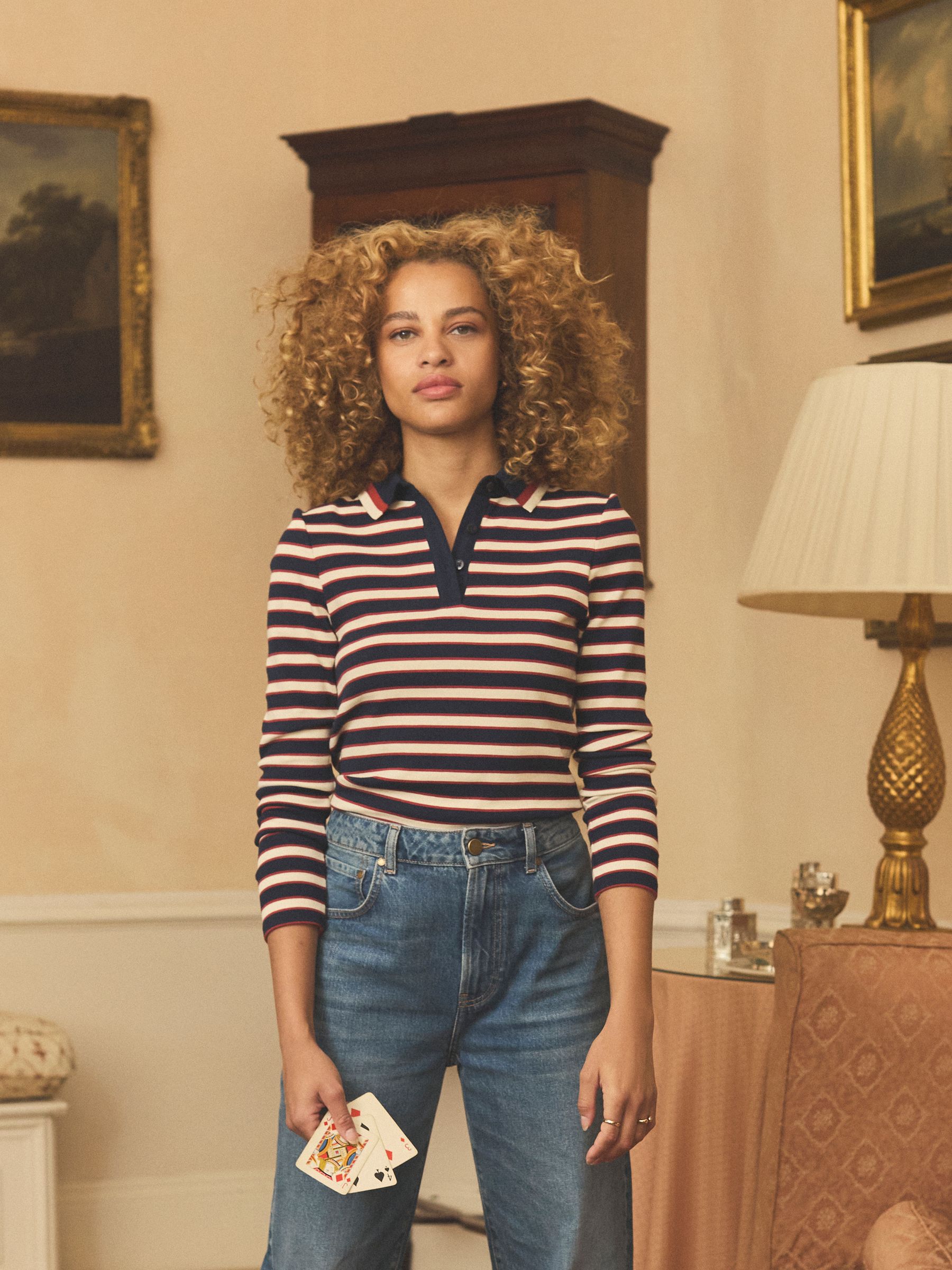 Fairfield Navy/Red Stripe Ribbed Long Sleeve Polo Shirt - Image 3 of 11