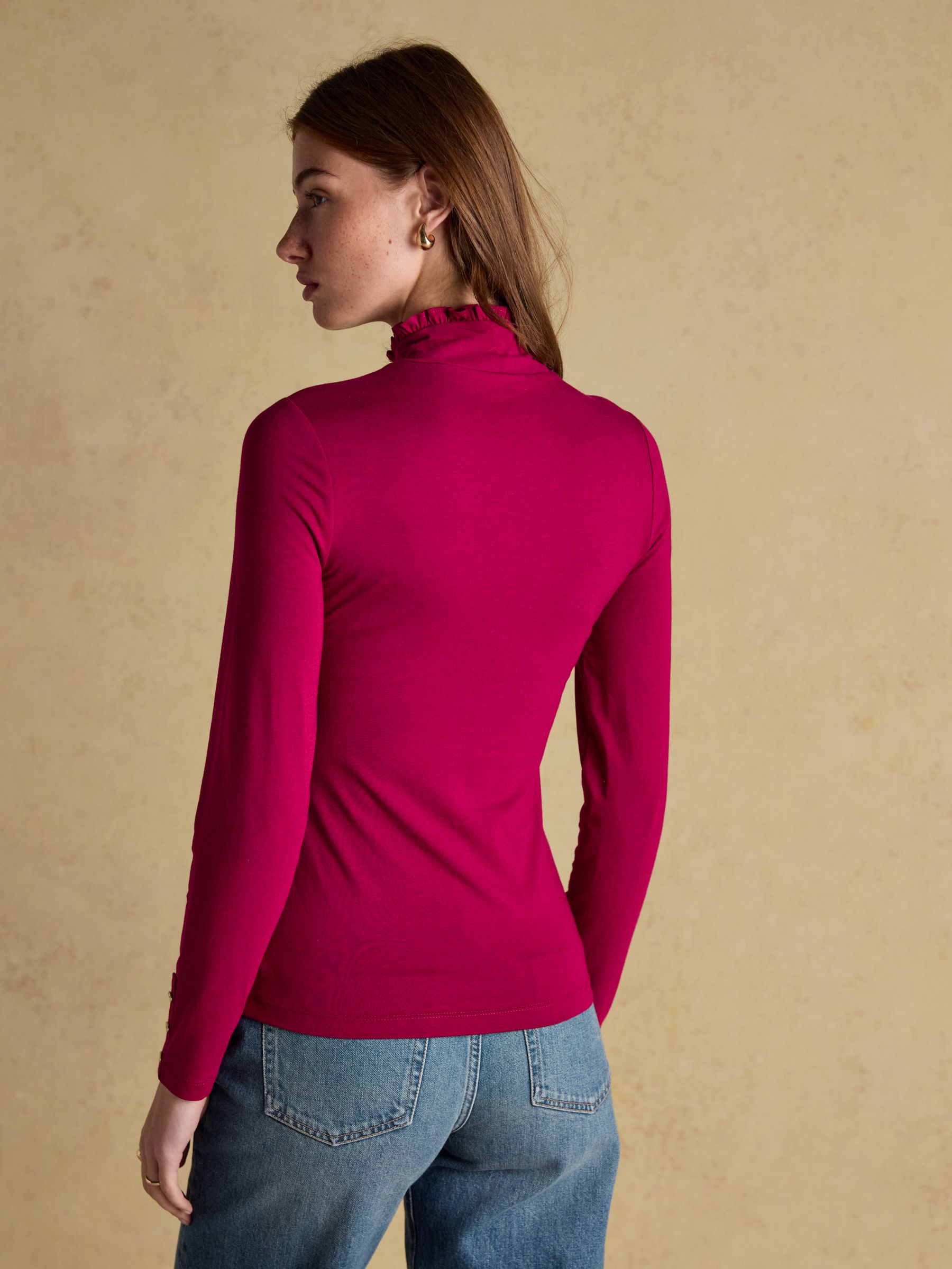 Amy Red Long Sleeve High Frill Neck Jersey Top - Image 2 of 6