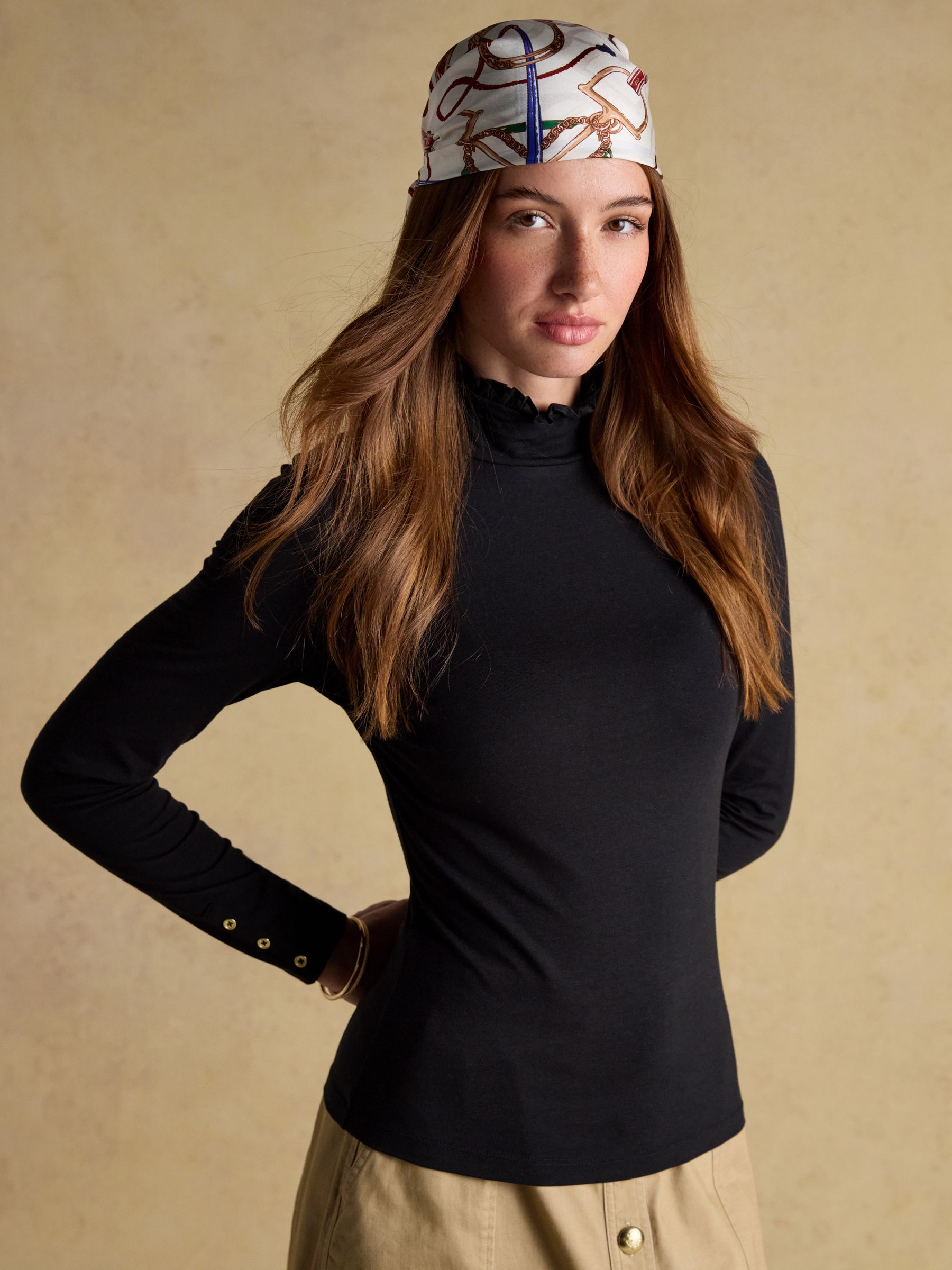 Amy Black Long Sleeve High Frill Neck Jersey Top | Joules