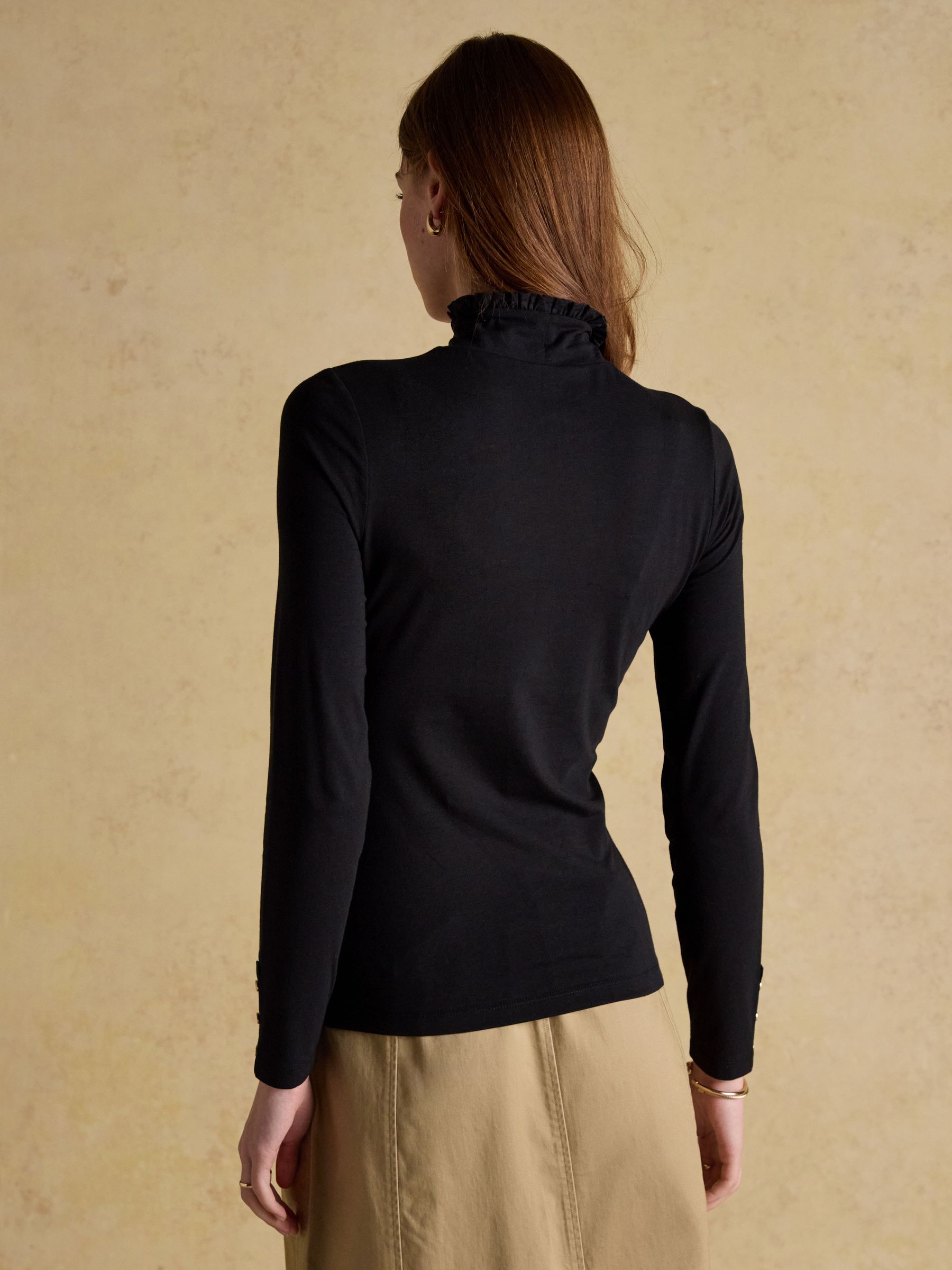 Amy Black Long Sleeve High Frill Neck Jersey Top - Image 2 of 7