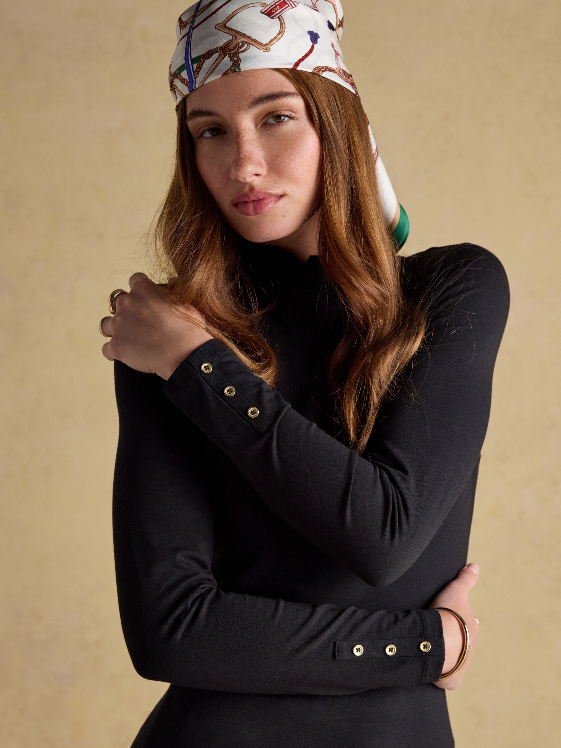 Amy Black Long Sleeve High Frill Neck Jersey Top - Image 5 of 7