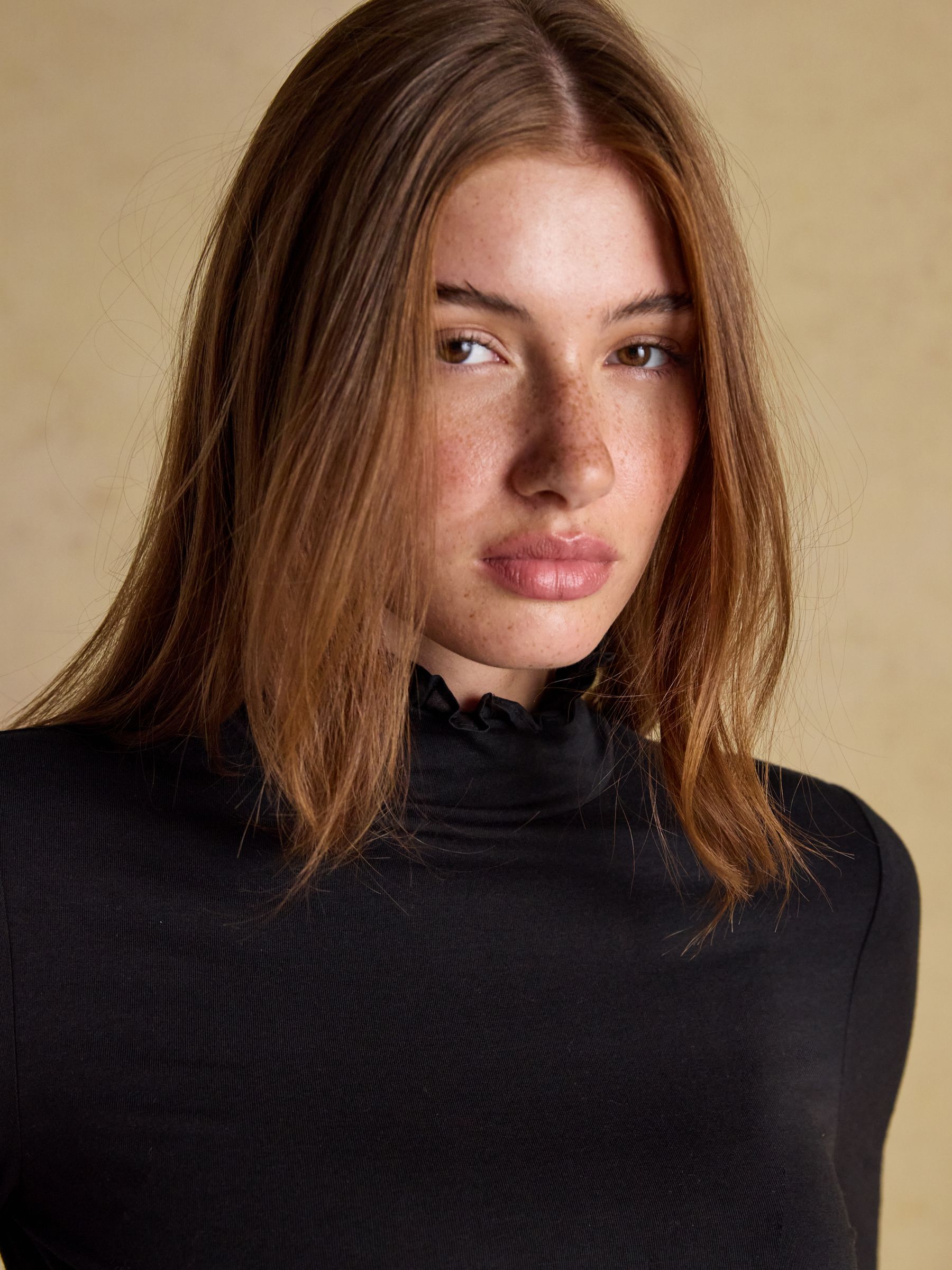 Amy Black Long Sleeve High Frill Neck Jersey Top - Image 6 of 7