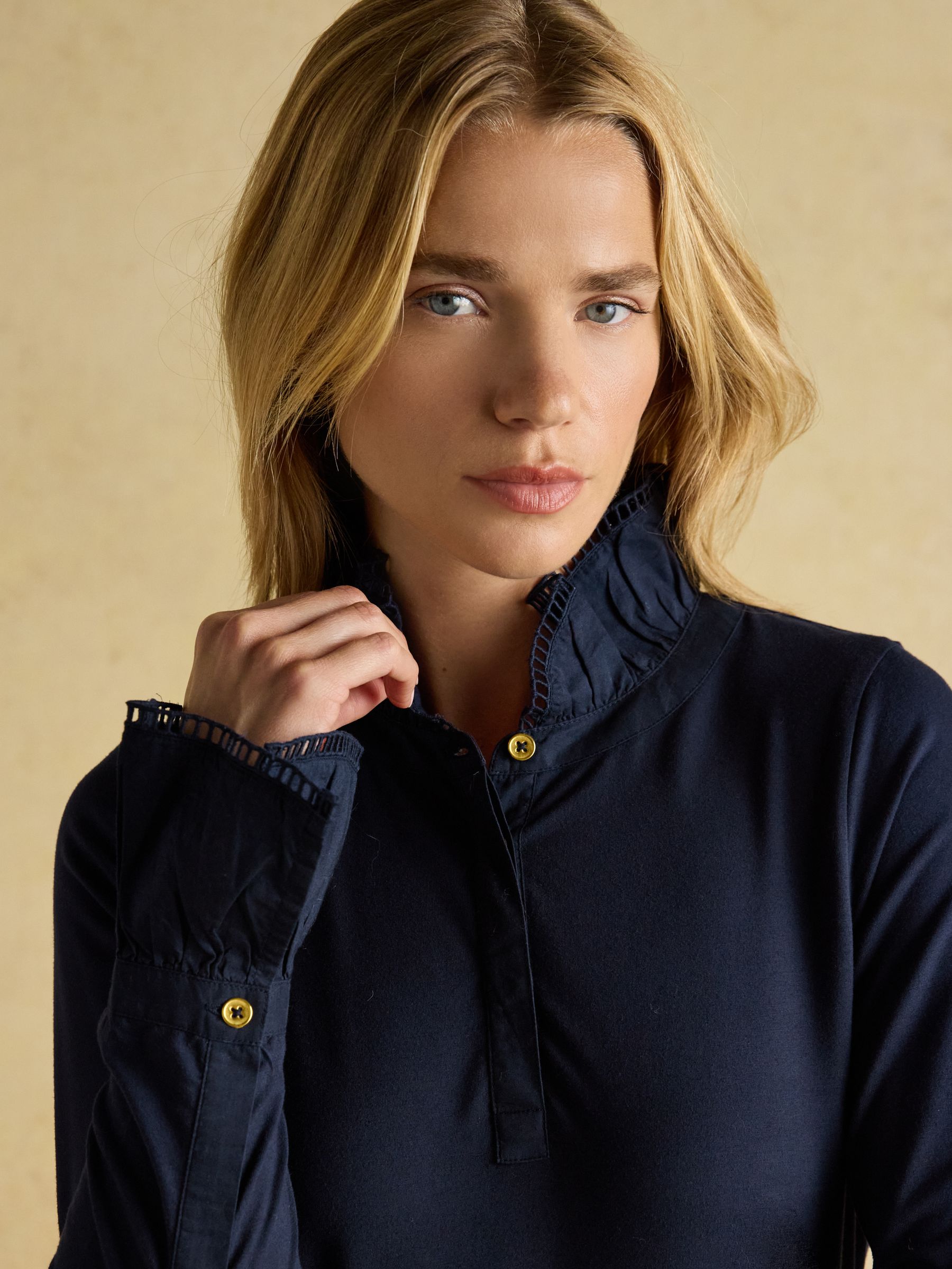 Kate Navy Long Sleeve Frilled Neck Top - Image 3 of 7
