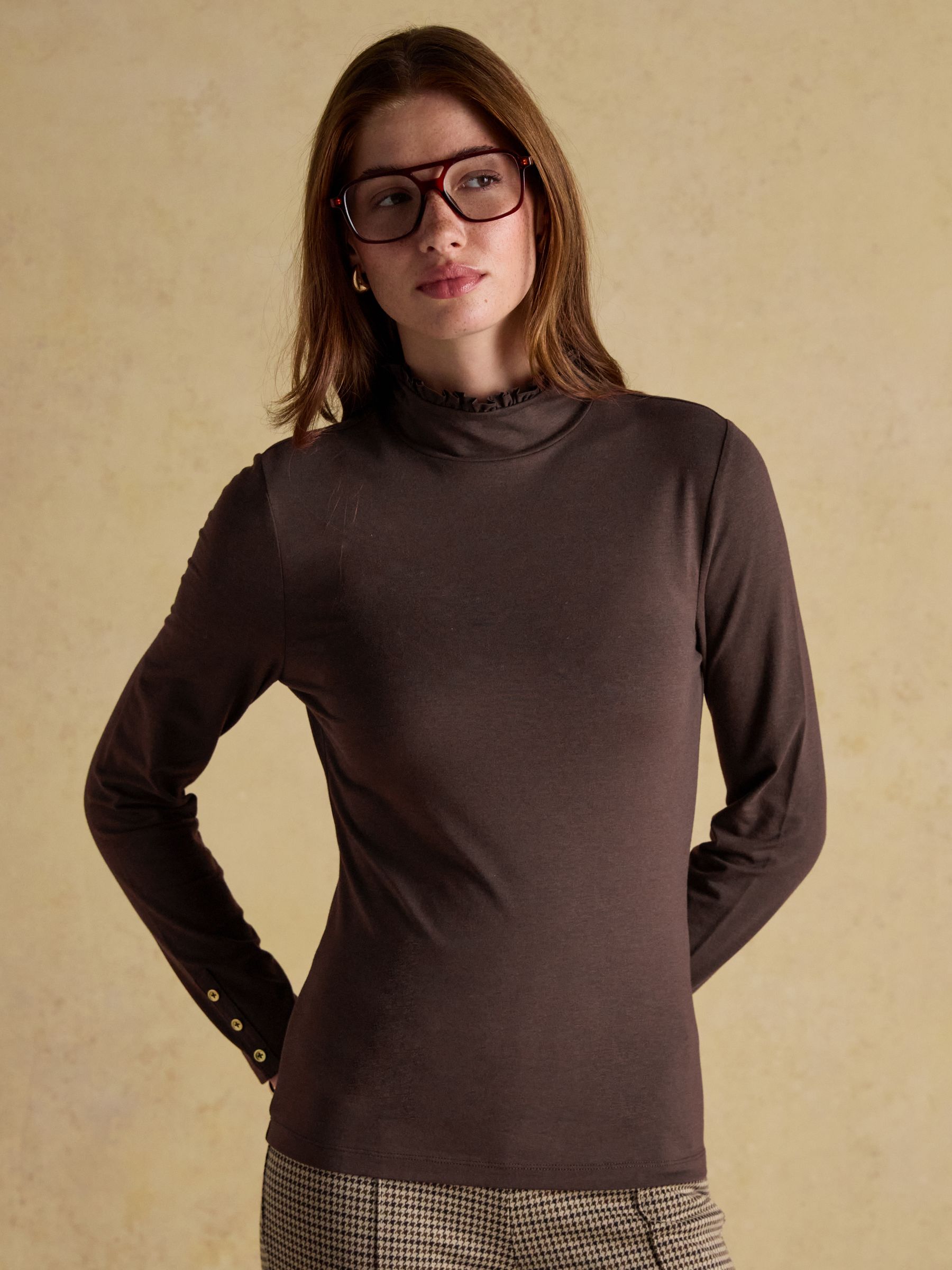 Amy Chocolate Brown Long Sleeve High Frill Neck Jersey Top - Image 1 of 7 Amy Chocolate Brown Long Sleeve High Frill Neck Jersey Top - Image 1 of 7