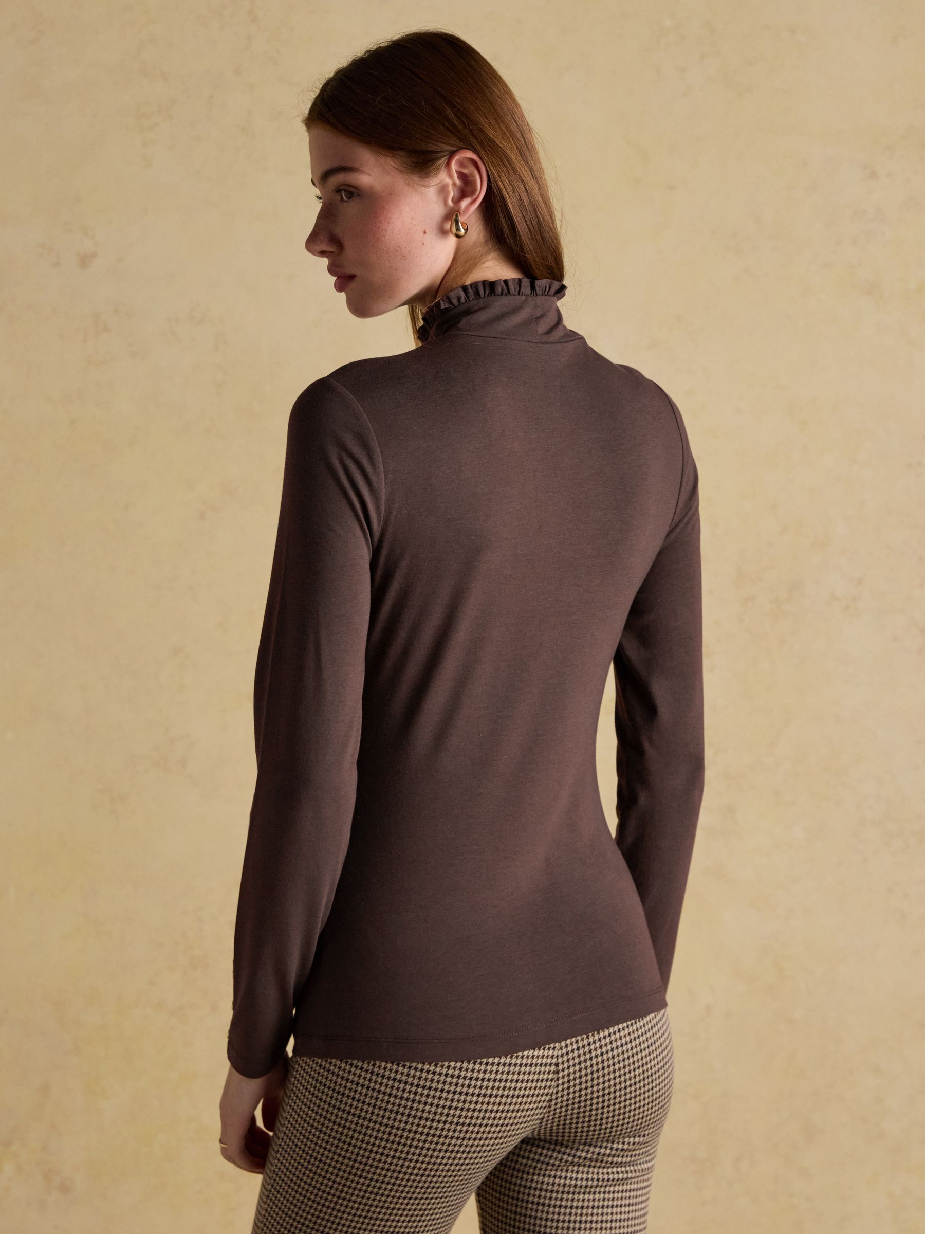 Amy Chocolate Brown Long Sleeve High Frill Neck Jersey Top - Image 2 of 7