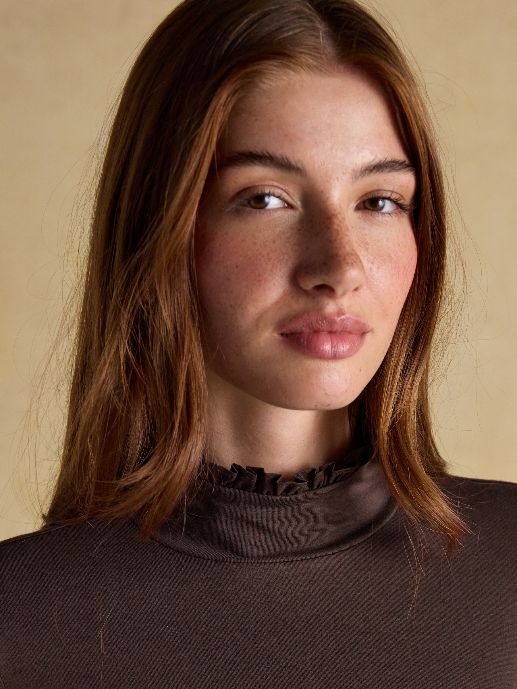 Amy Chocolate Brown Long Sleeve High Frill Neck Jersey Top - Image 3 of 7