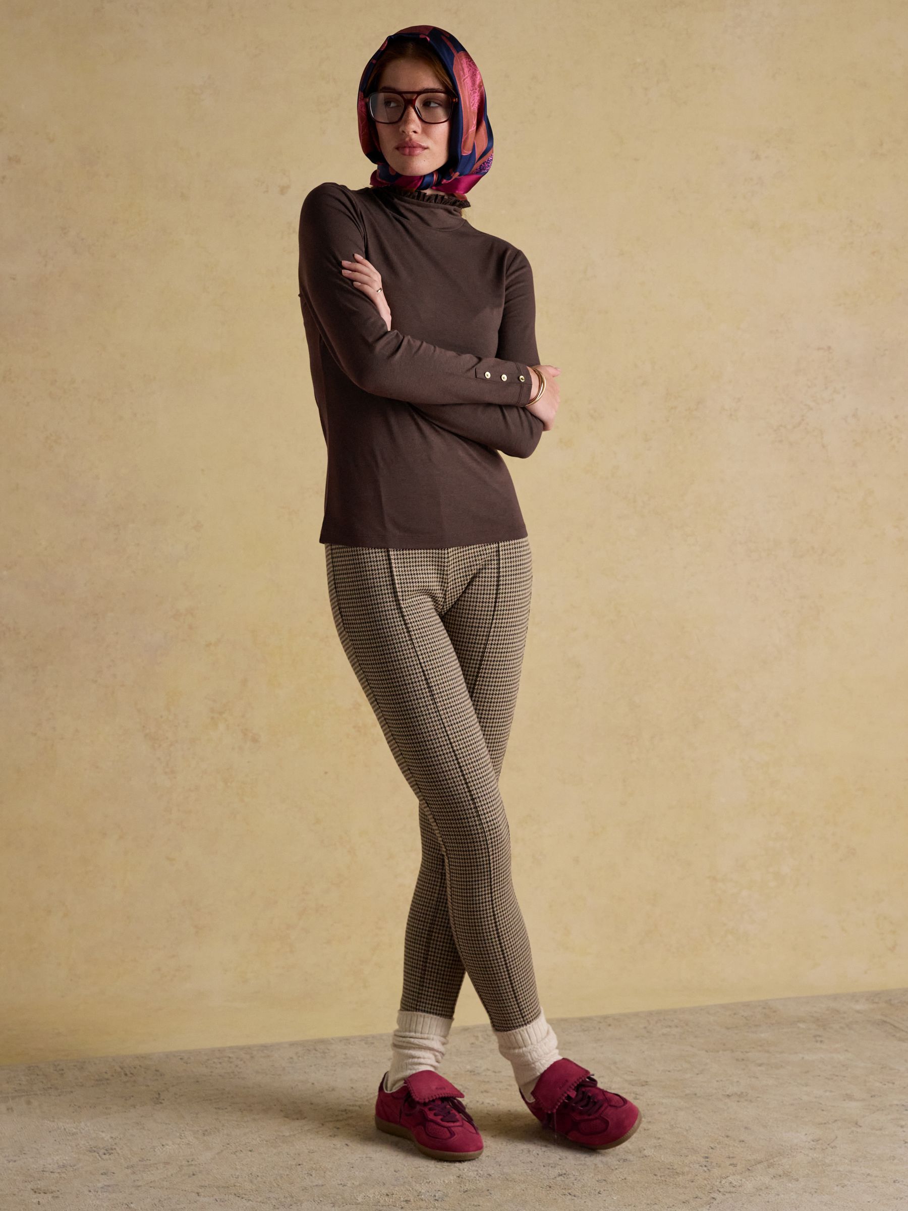 Amy Chocolate Brown Long Sleeve High Frill Neck Jersey Top - Image 4 of 7