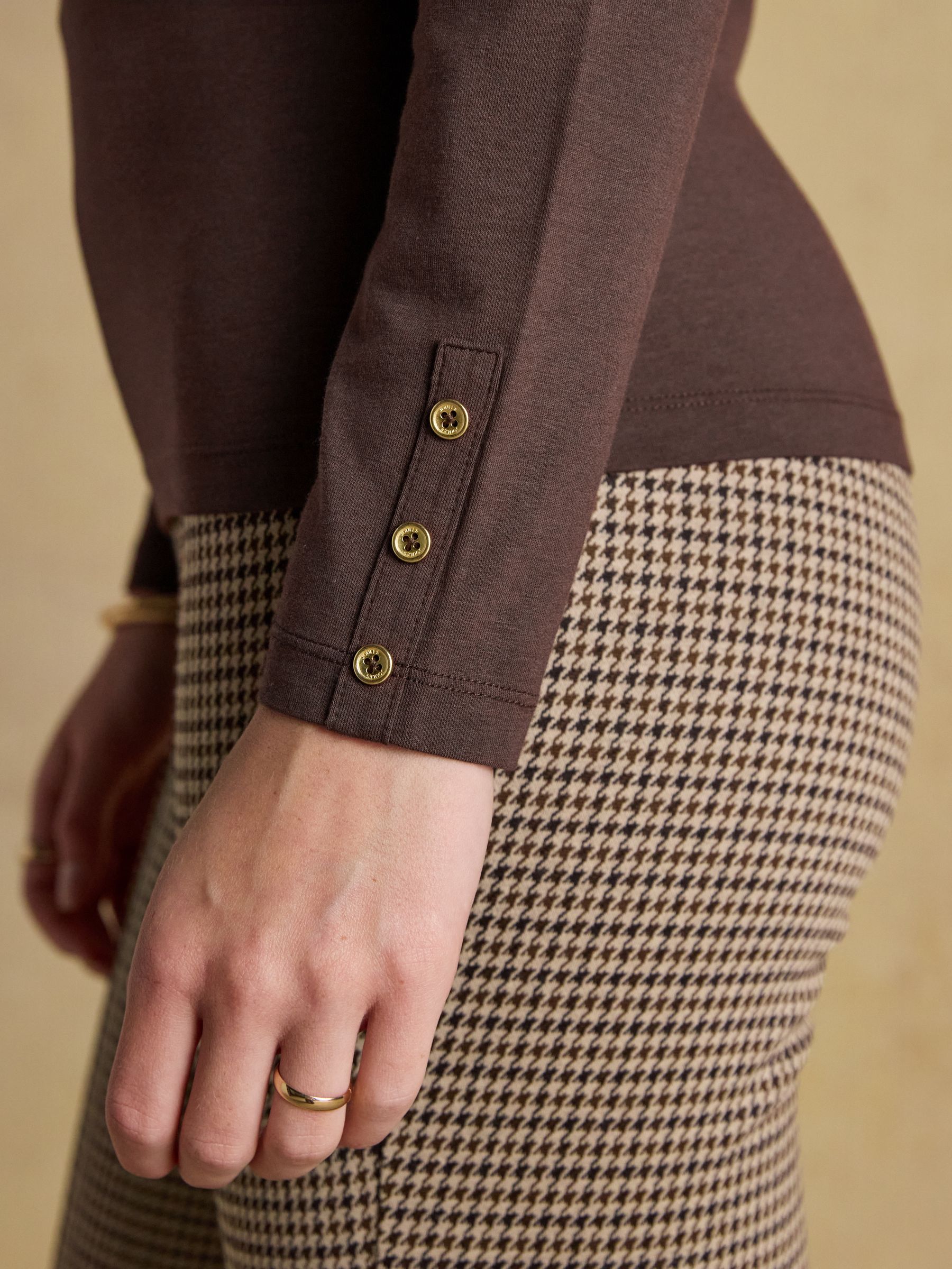 Amy Chocolate Brown Long Sleeve High Frill Neck Jersey Top - Image 5 of 7