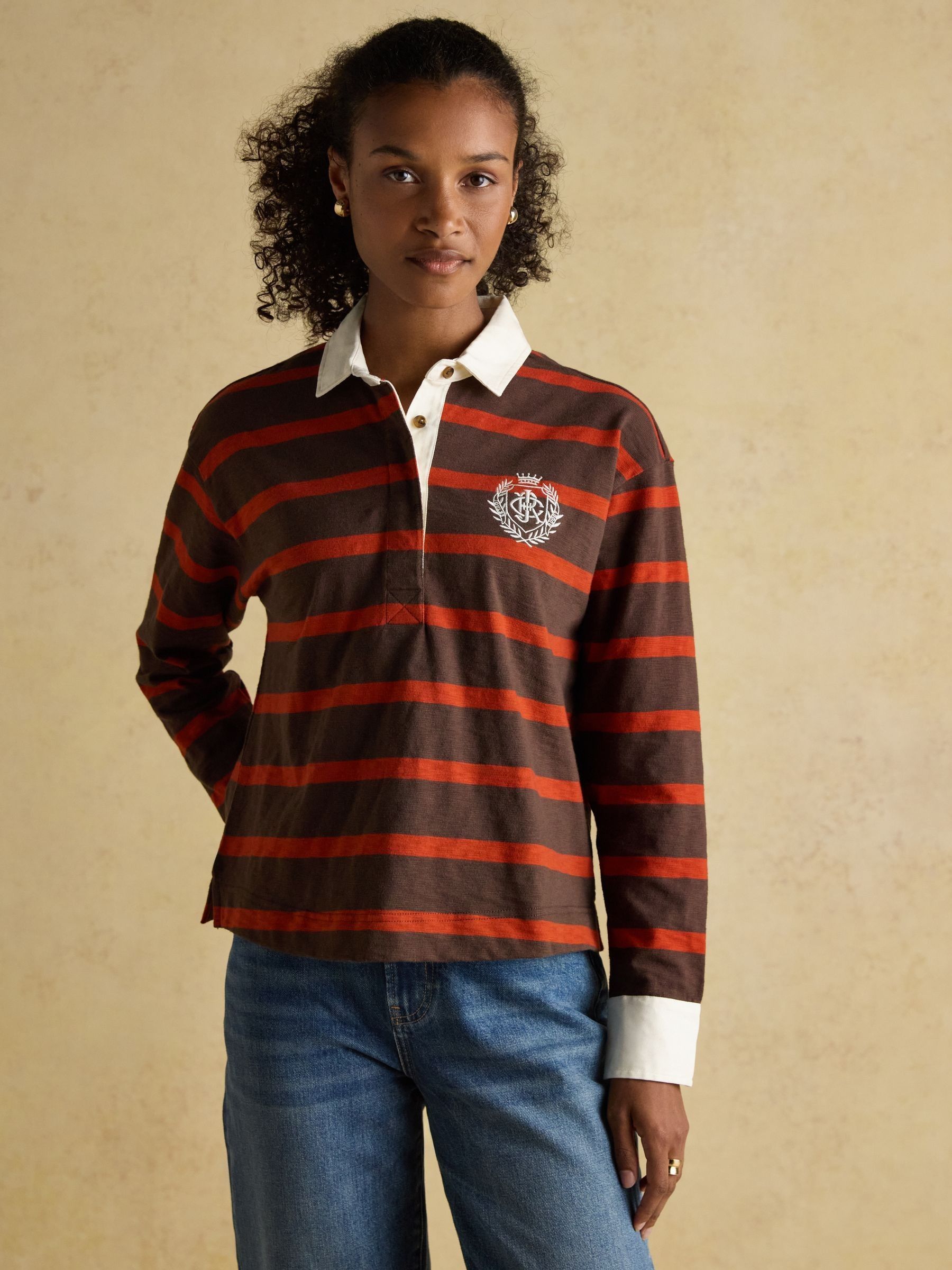 Lara Burnt Orange & Brown Stripe Boxy Fit Rugby Shirt | Joules