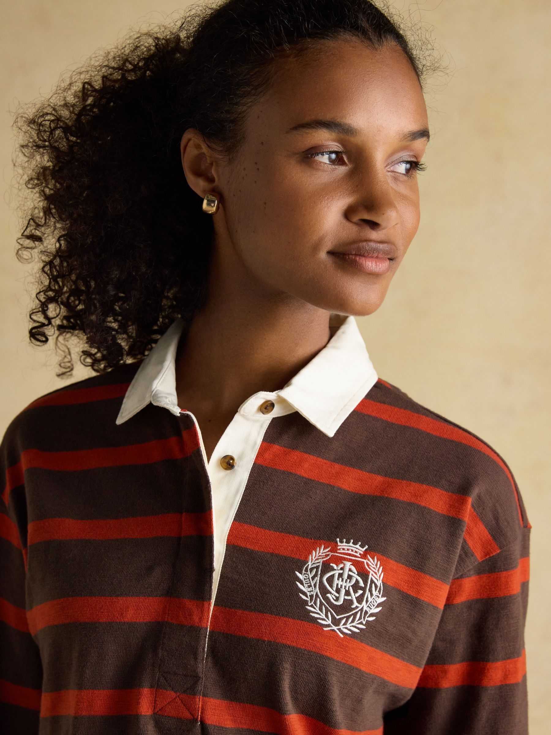 Lara Burnt Orange & Brown Stripe Boxy Fit Rugby Shirt - Image 3 of 11