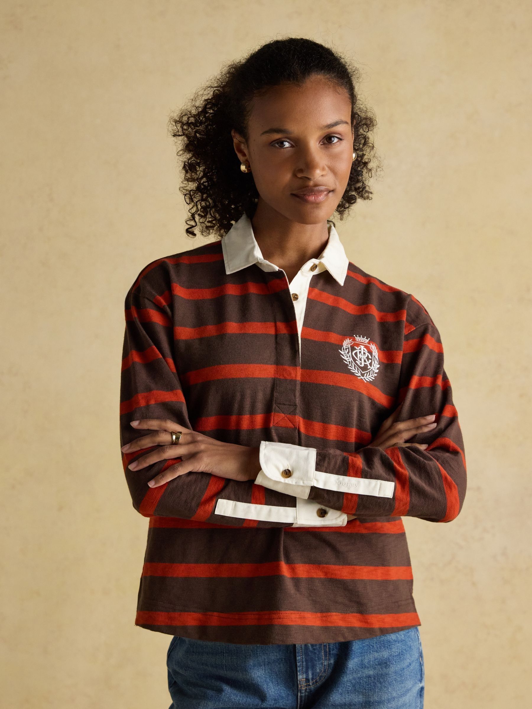 Lara Burnt Orange & Brown Stripe Boxy Fit Rugby Shirt - Image 4 of 11