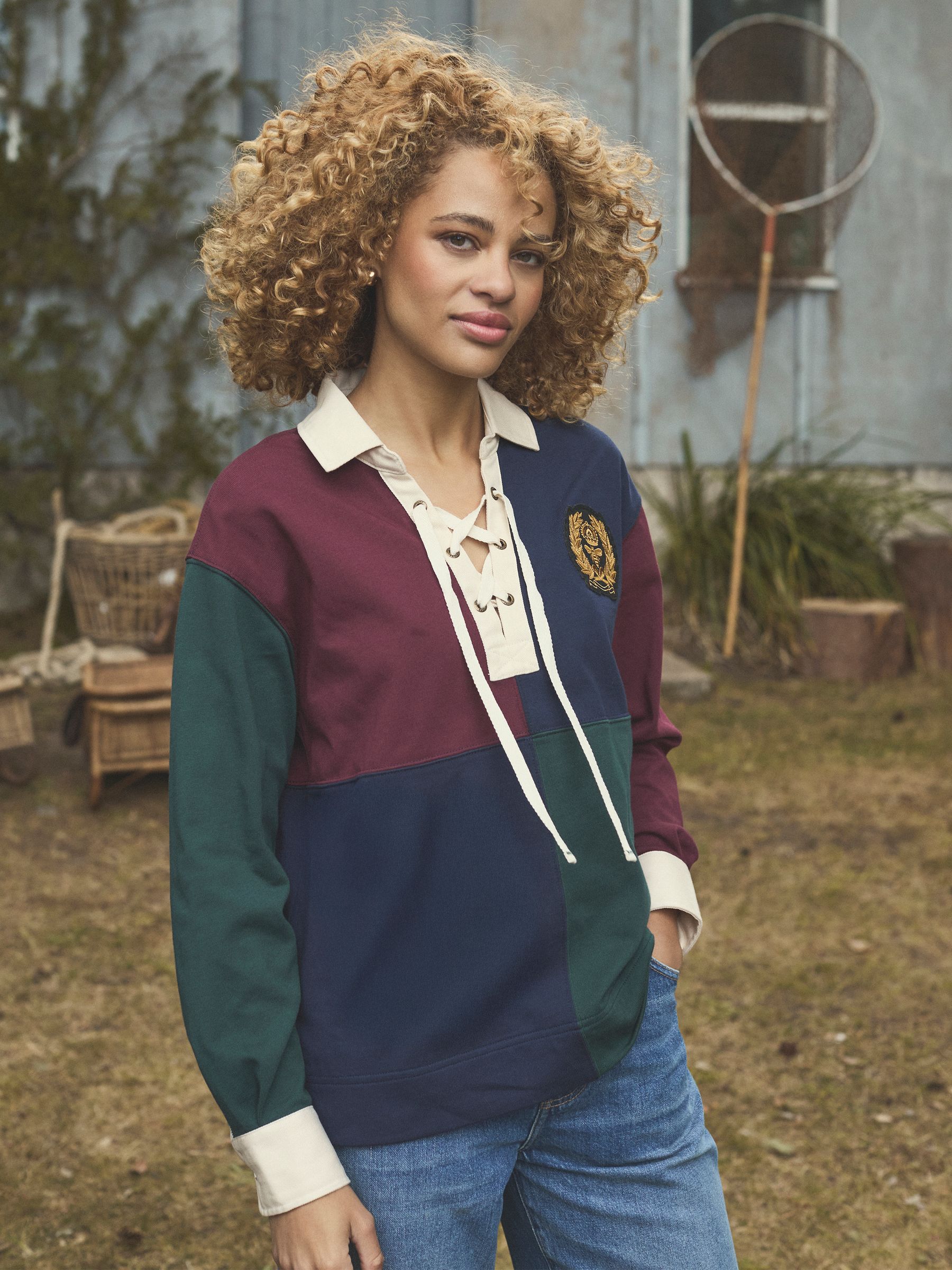 Claremont Multi 100% Cotton Harlequin Lace Up Rugby Shirt - Image 1 of 10