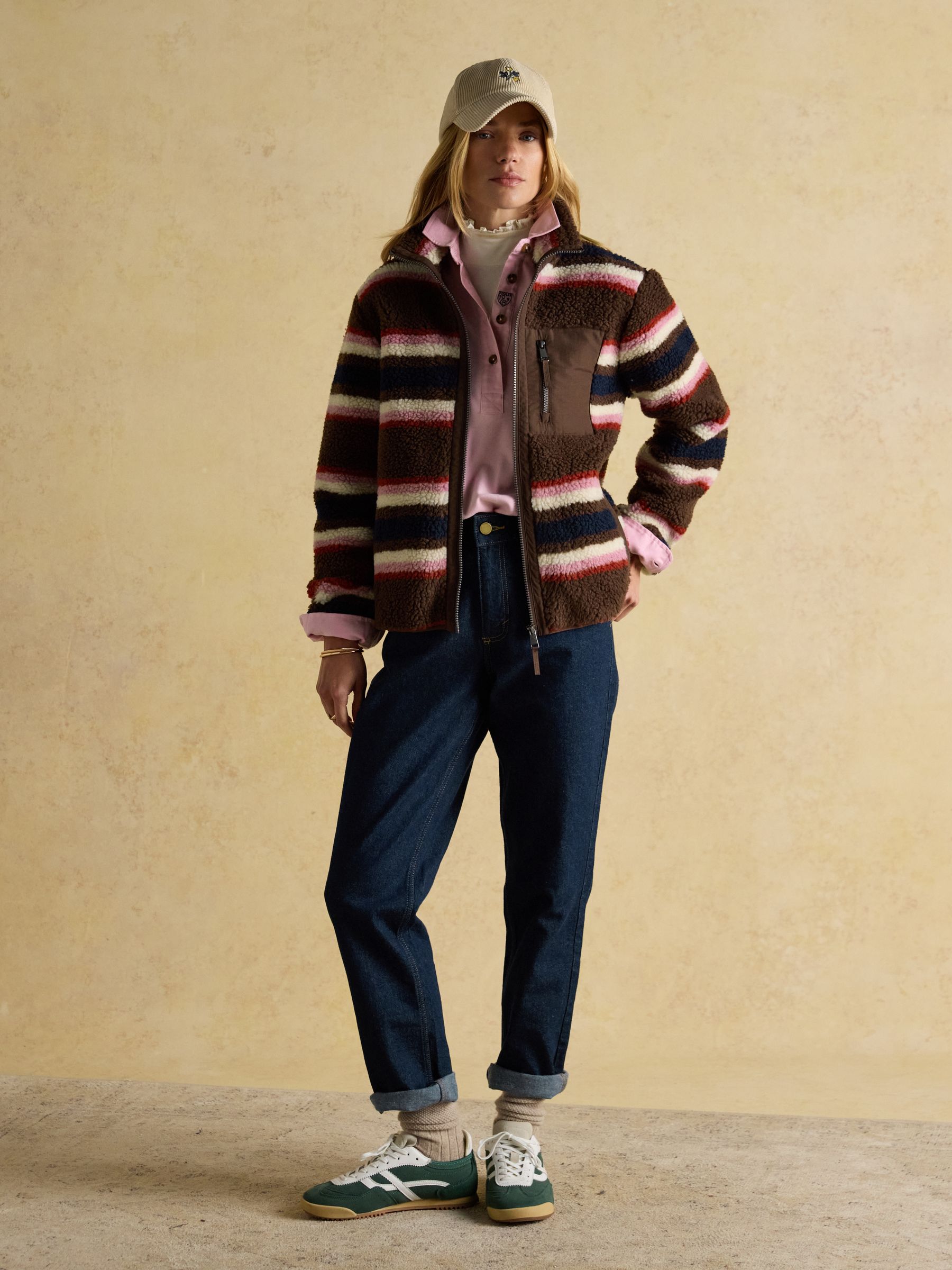 Lottie Chocolate Multi Stripe Borg Fleece with Zip Fastening - Image 3 of 11