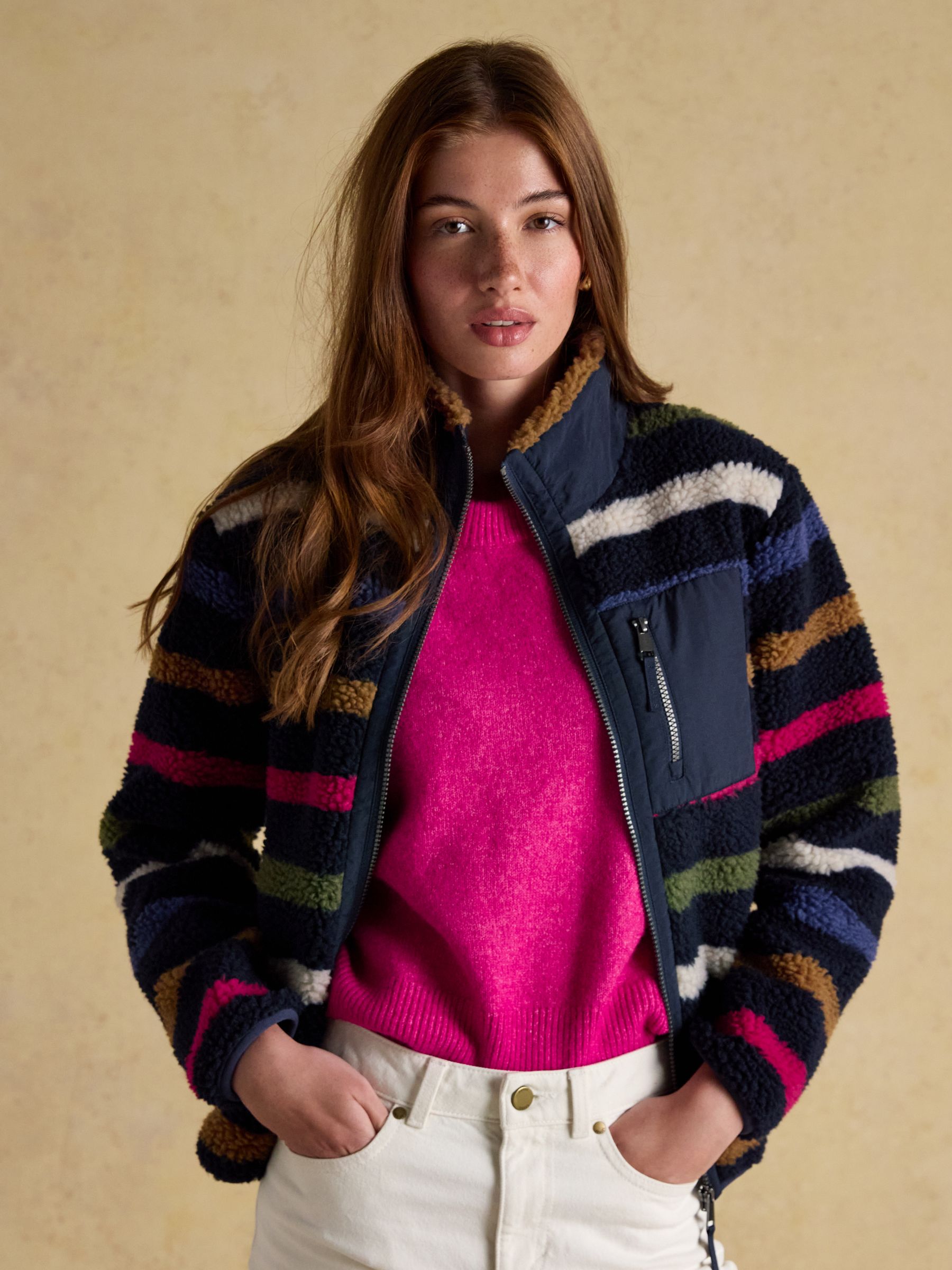 Lottie Navy Multi Stripe Borg Fleece with Zip Fastening - Image 6 of 10
