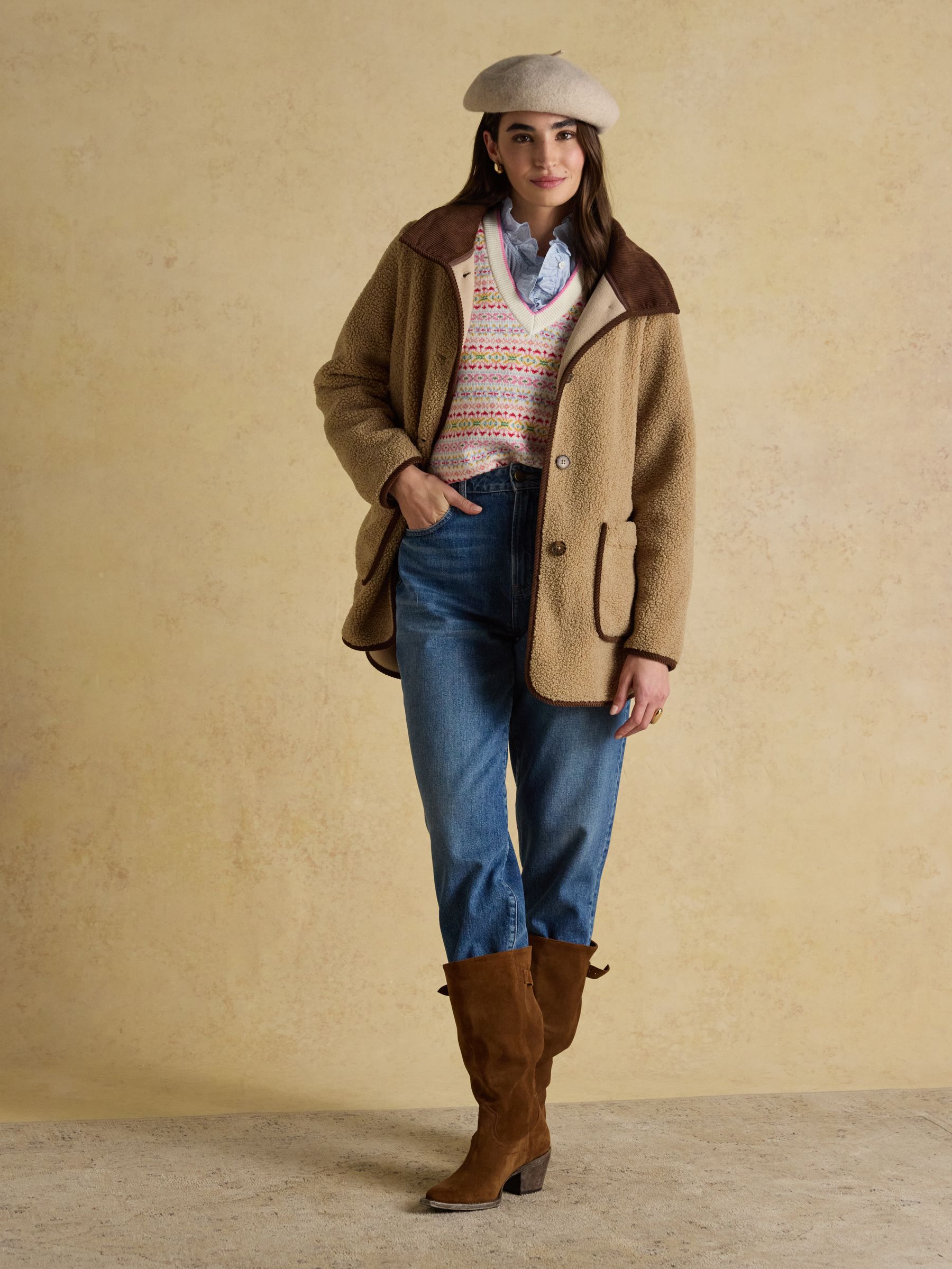 Sadie Taupe Longline Fleece Jacket with Button Fastening - Image 3 of 9