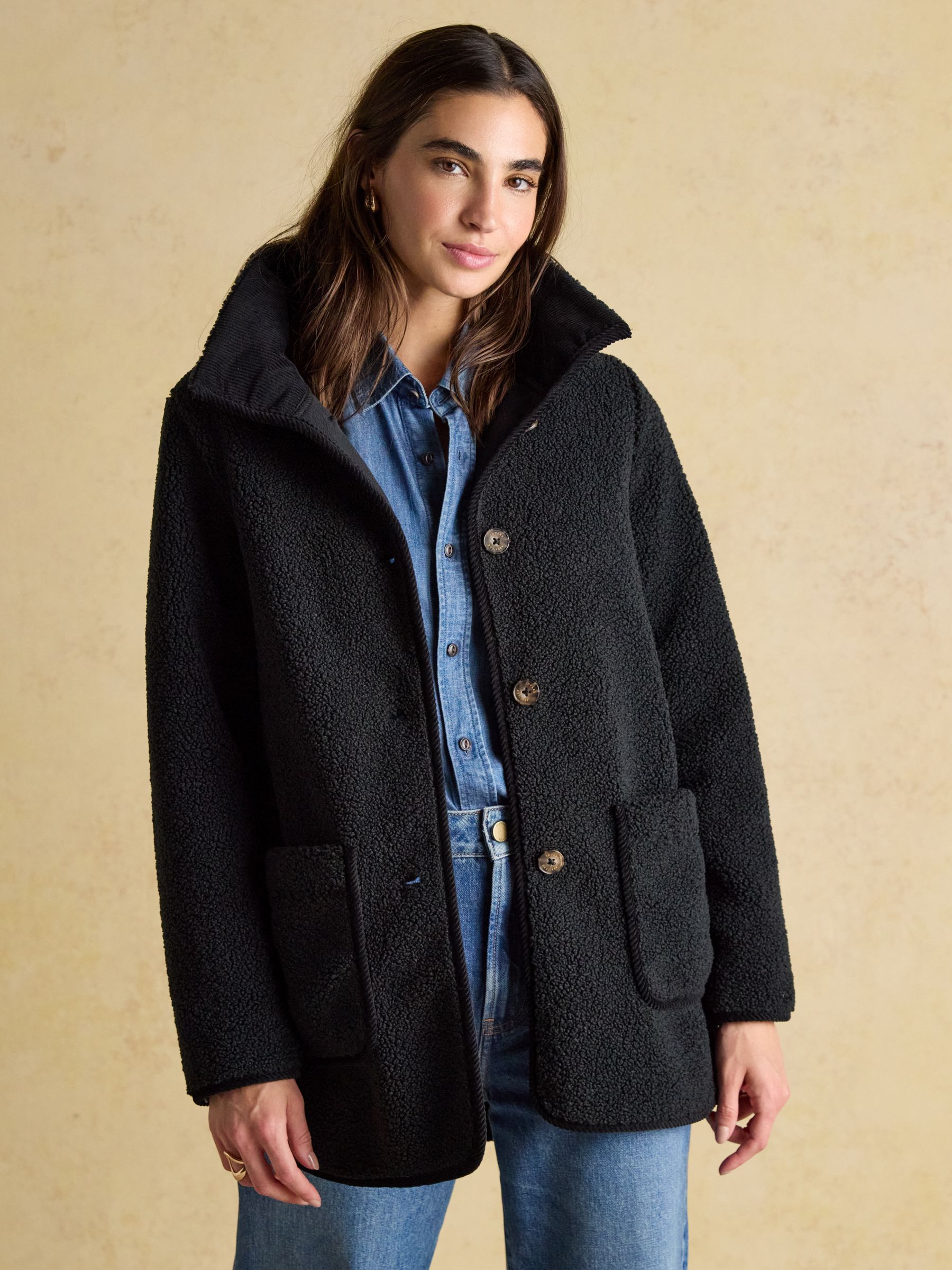 Sadie Black Longline Fleece Jacket with Button Fastening - Image 3 of 9