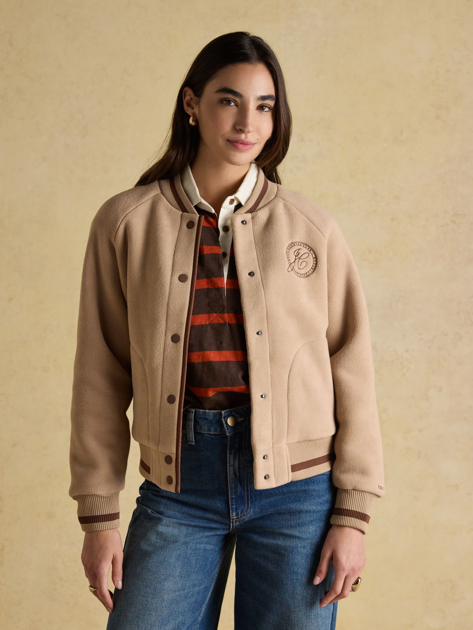 Margot Neutral Varsity Fleece Bomber Jacket - Image 6 of 10