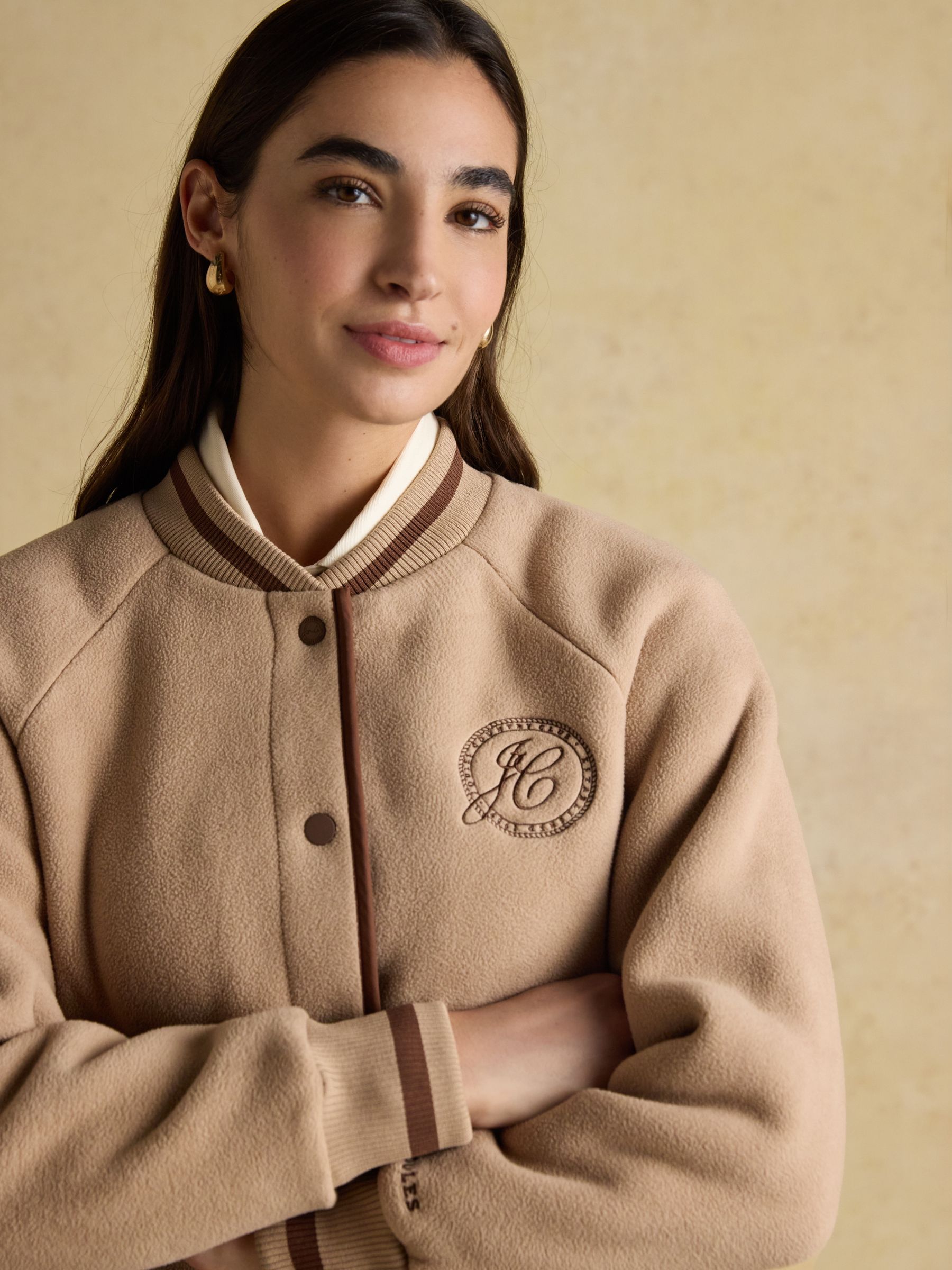 Margot Neutral Varsity Fleece Bomber Jacket - Image 7 of 10