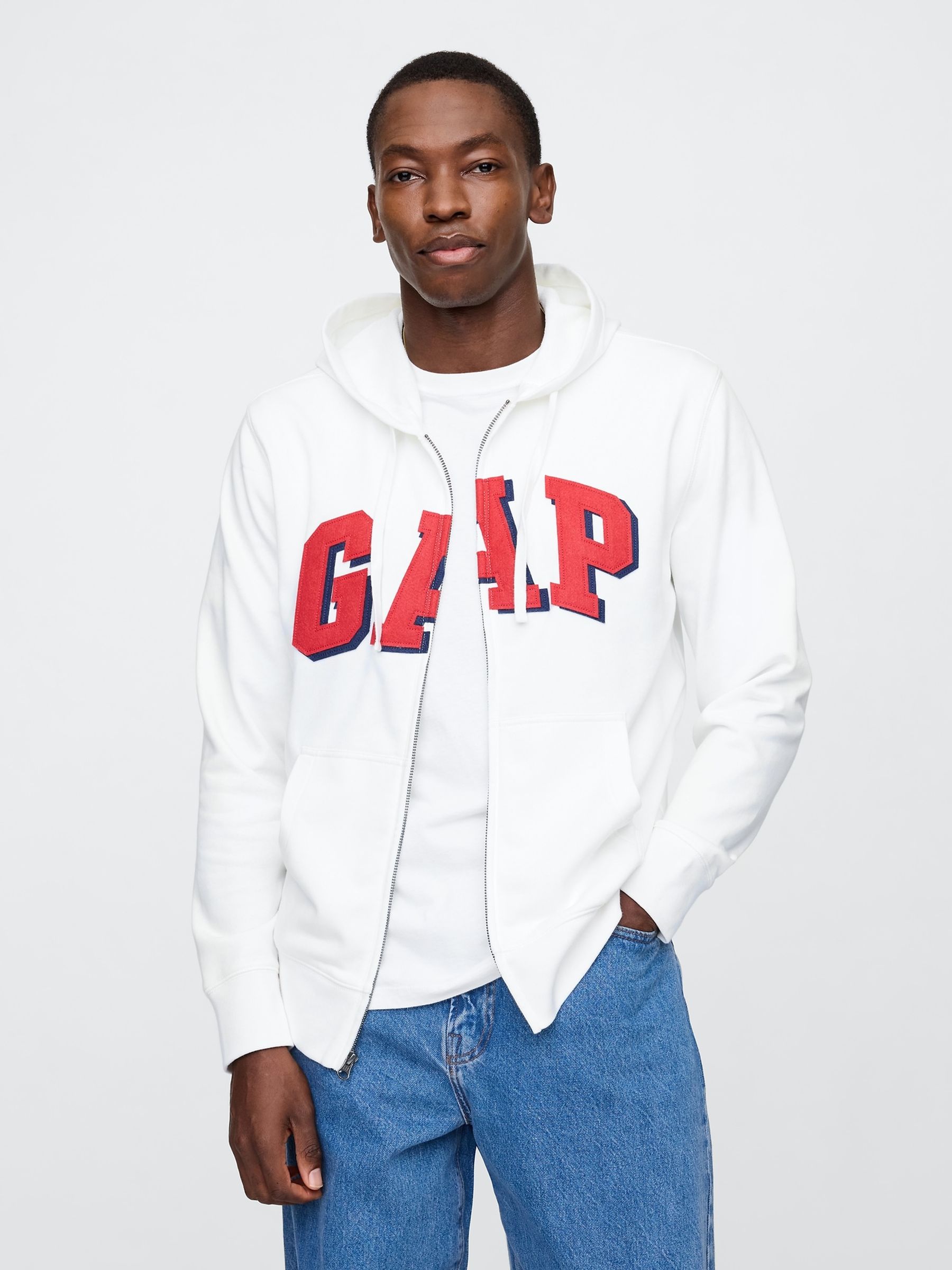 White Zip Up Arch Logo Hoodie Gap