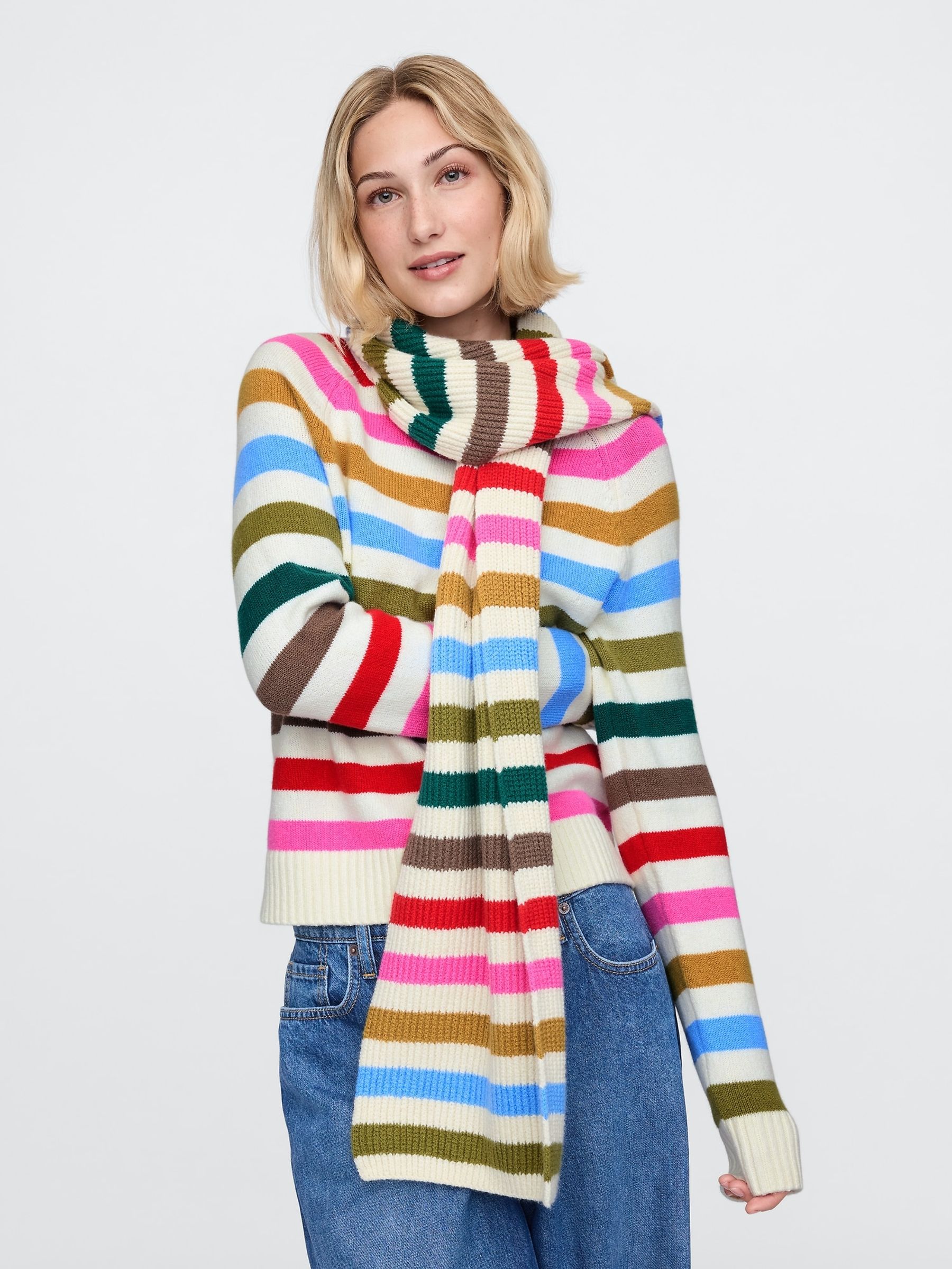 Cream Stripe CashSoft Rib Scarf - Image 1 of 3
