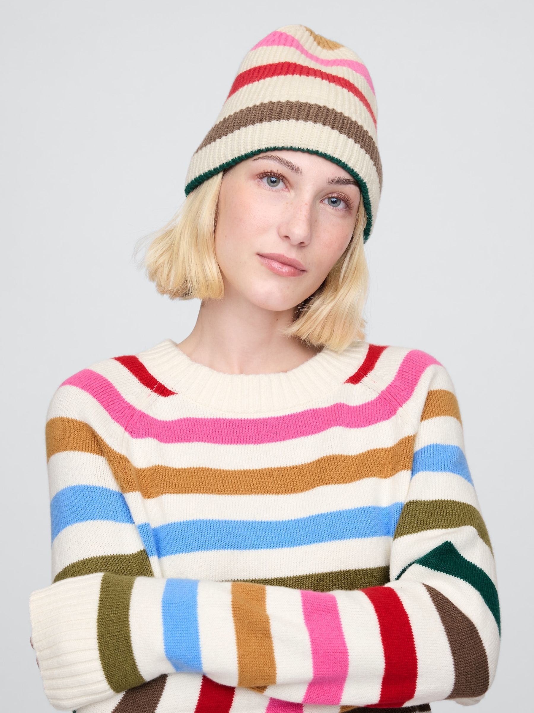 Cream Stripe CashSoft Beanie - Image 1 of 3