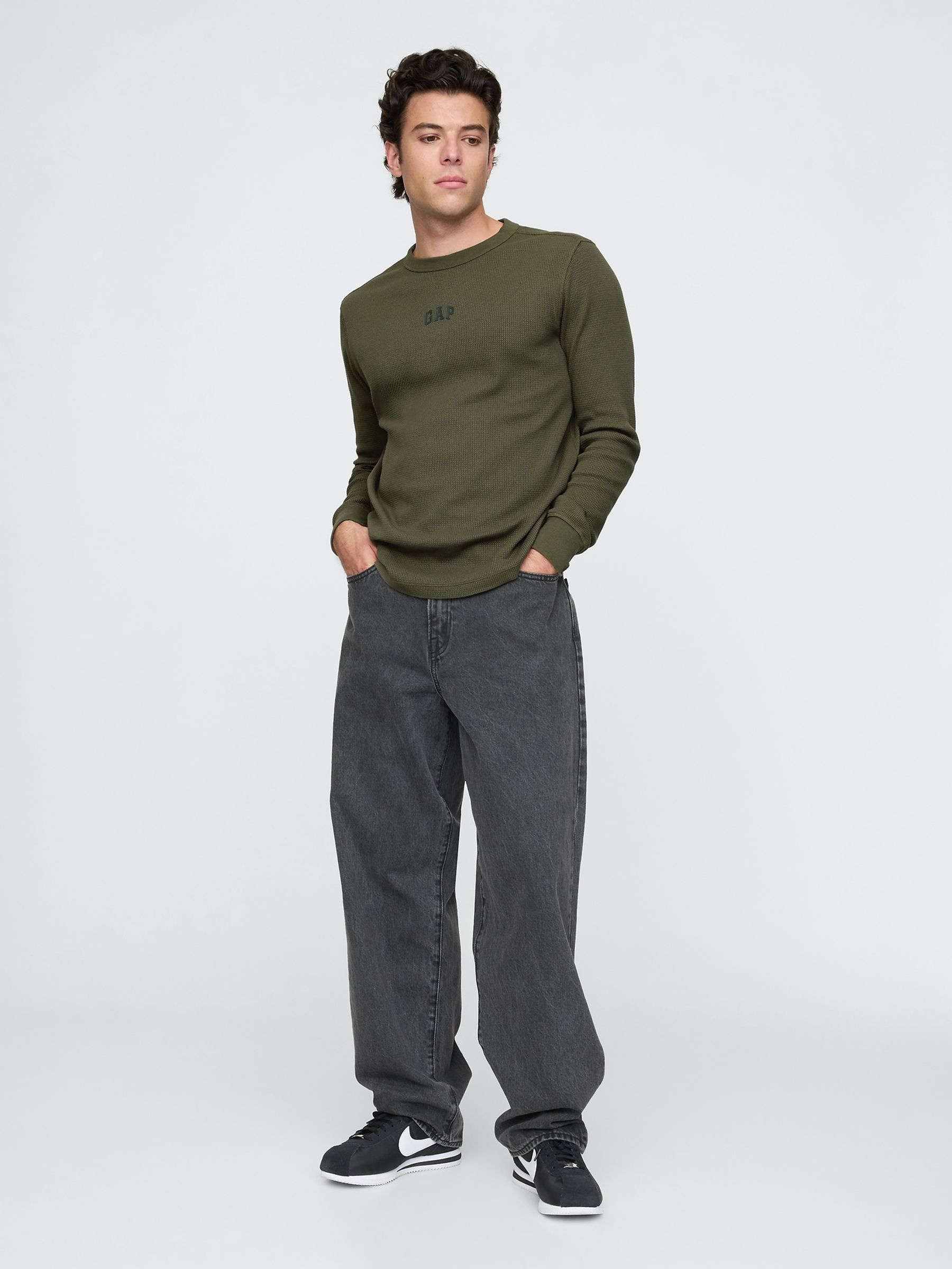 Olive Green Long Sleeve Logo Waffle Knit T-Shirt - Image 3 of 5
