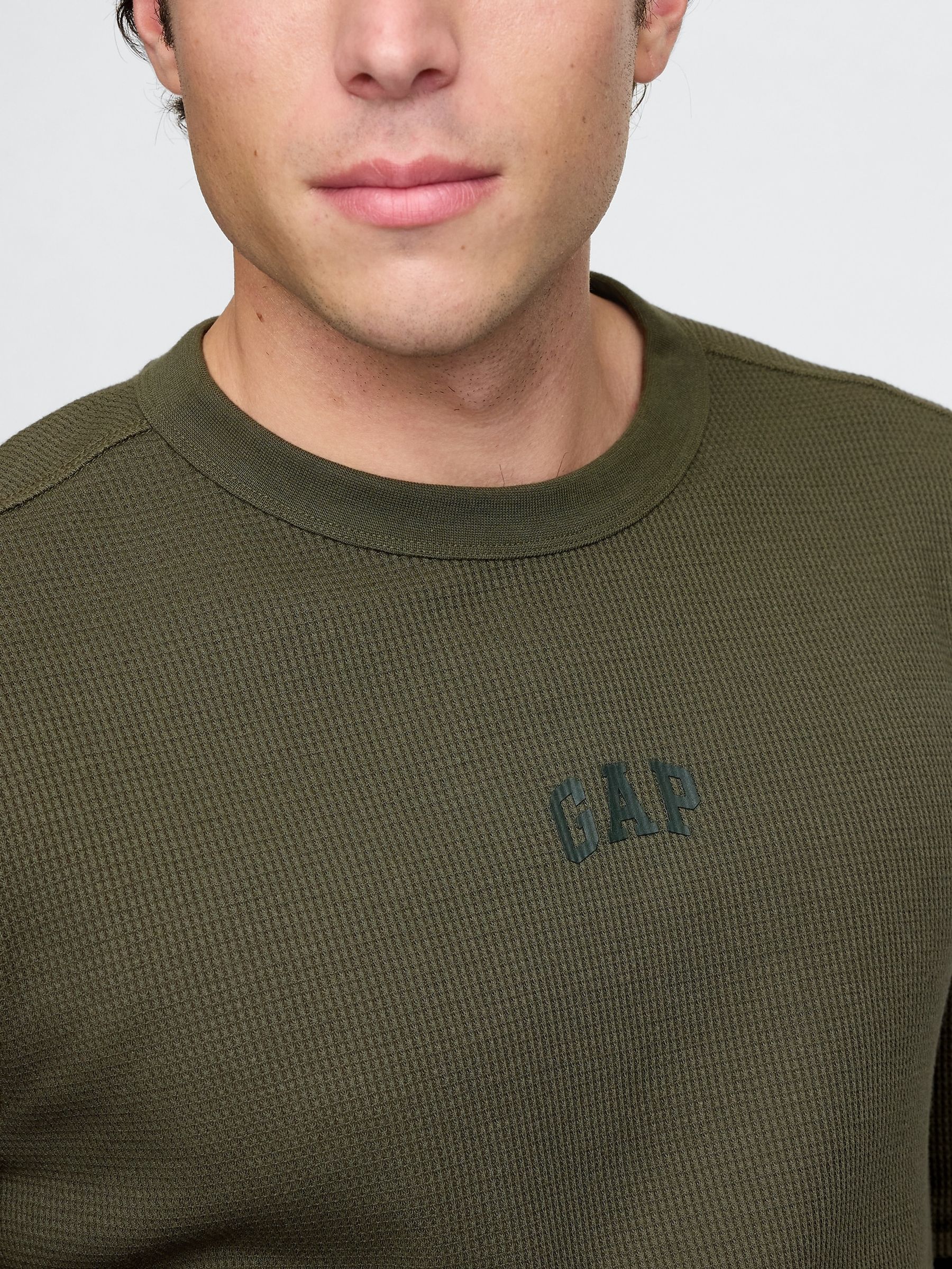 Olive Green Long Sleeve Logo Waffle Knit T-Shirt - Image 4 of 5