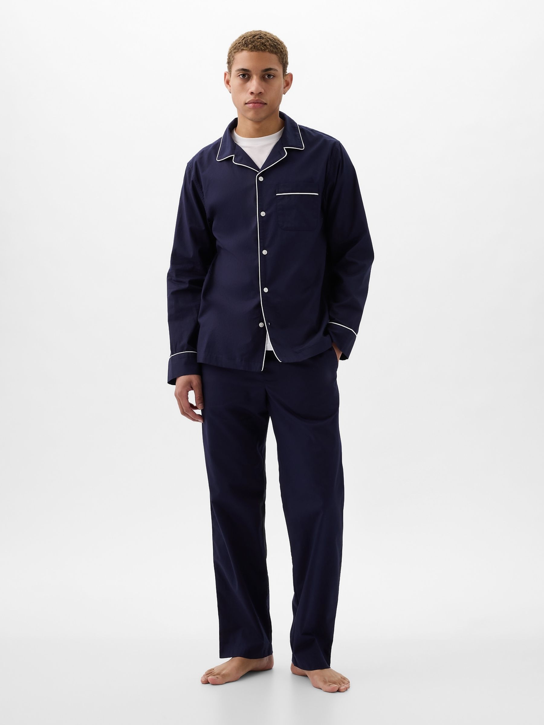 Navy Blue Cotton Poplin Long Pyjamas - Image 1 of 3