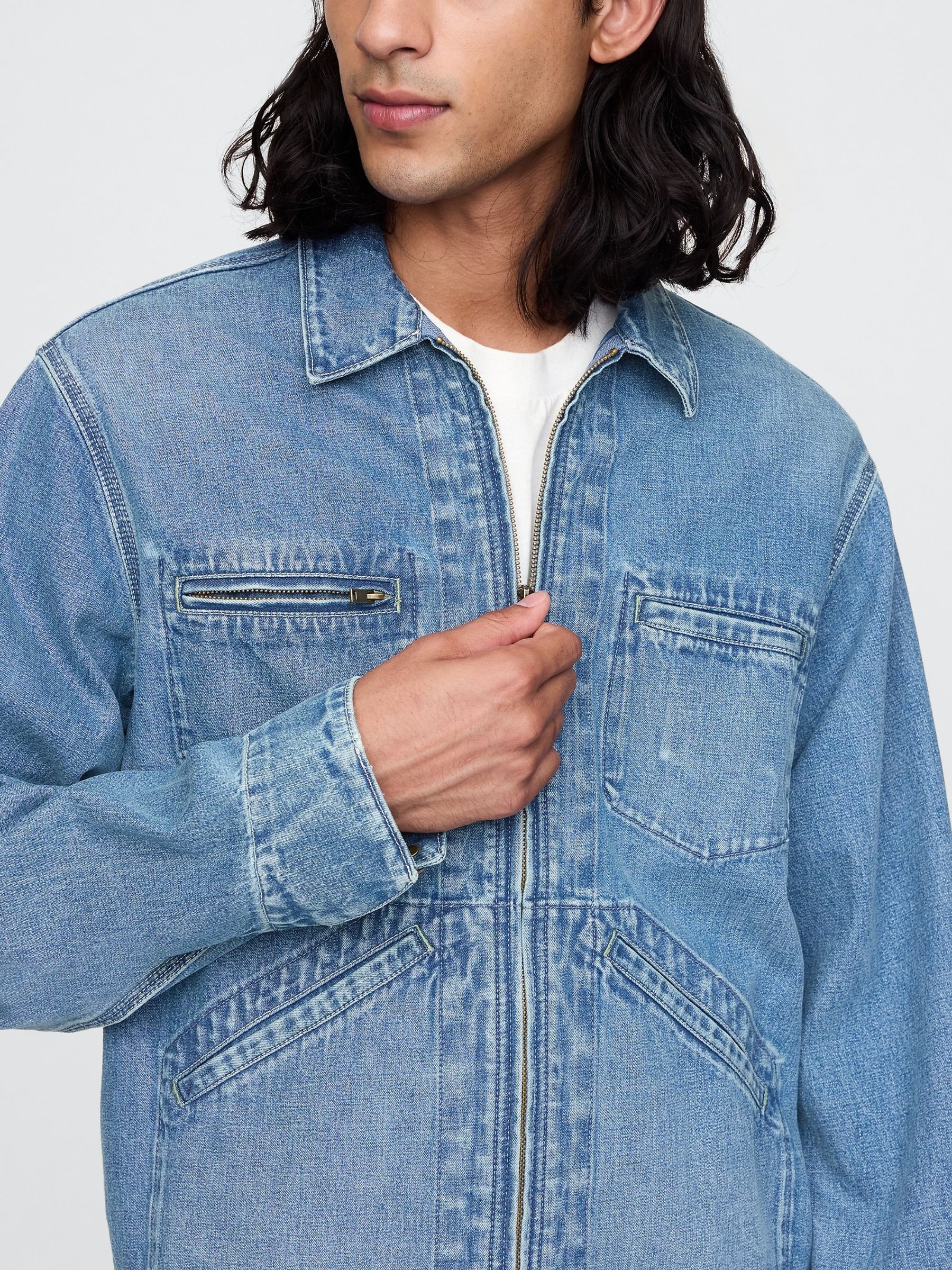 Blue Zip Up Denim Shirt Jacket - Image 4 of 5