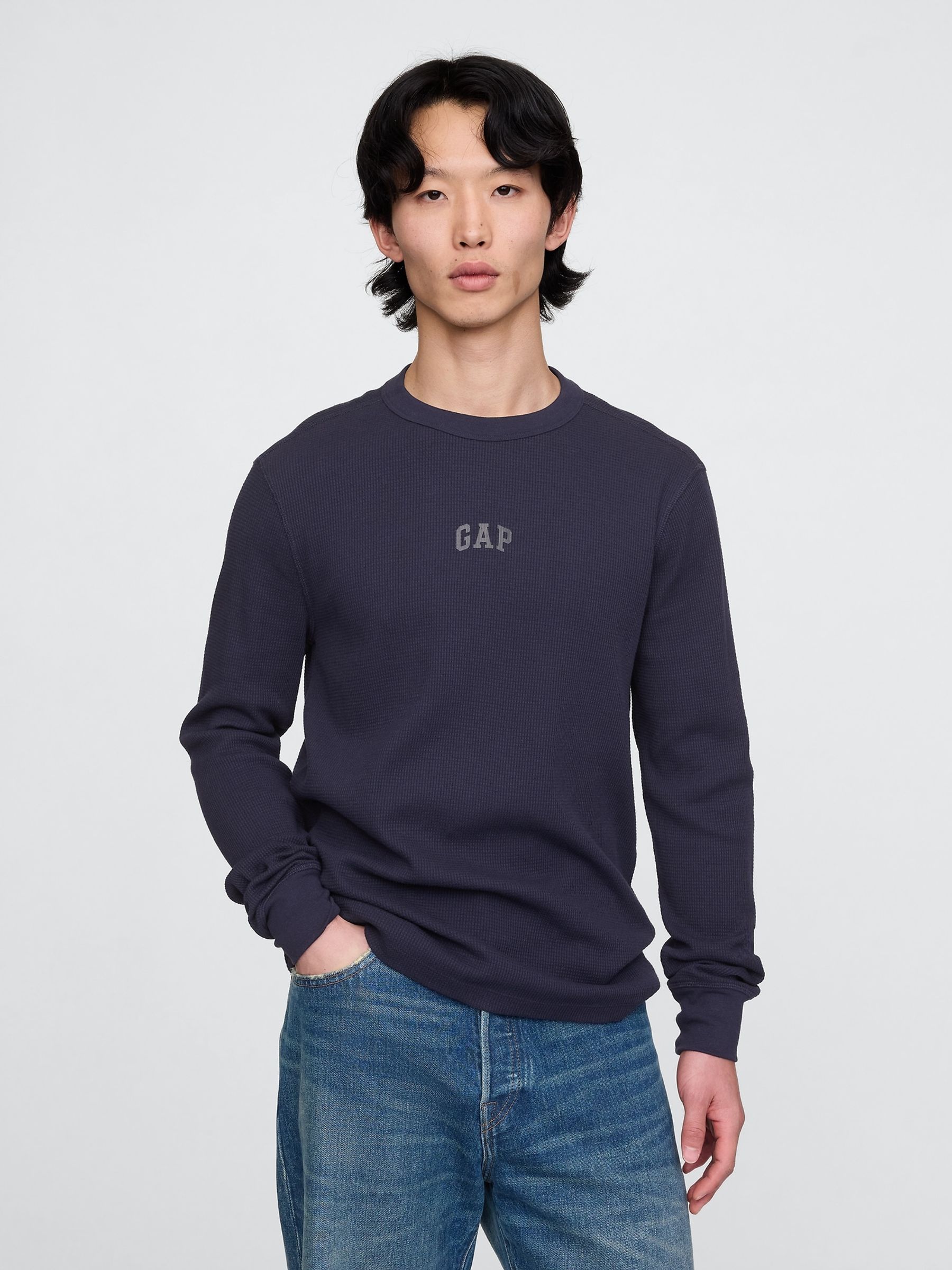 Blue Long Sleeve Logo Waffle Knit T-Shirt - Image 1 of 5