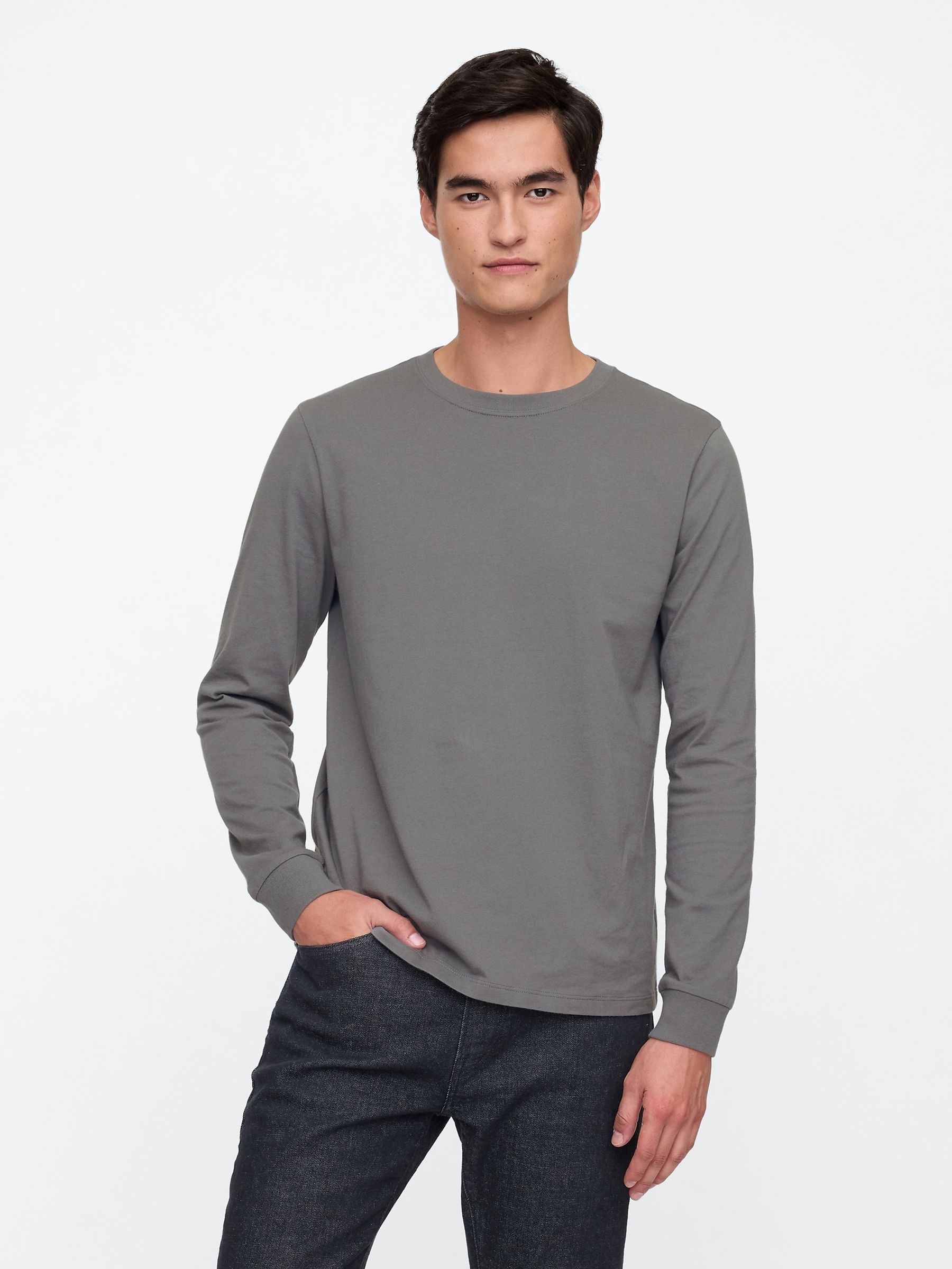 Dark Grey Long Sleeve Everyday 100% Cotton Crew Neck T-Shirt - Image 1 of 5
