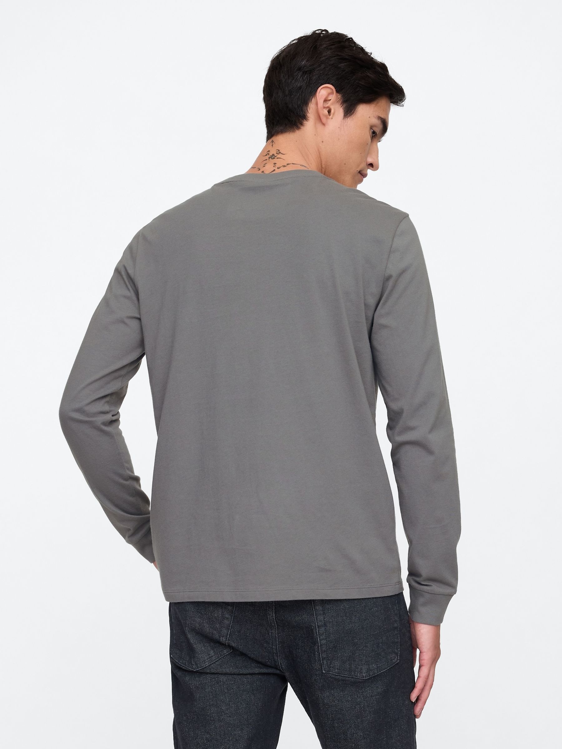 Dark Grey Long Sleeve Everyday 100% Cotton Crew Neck T-Shirt - Image 2 of 5