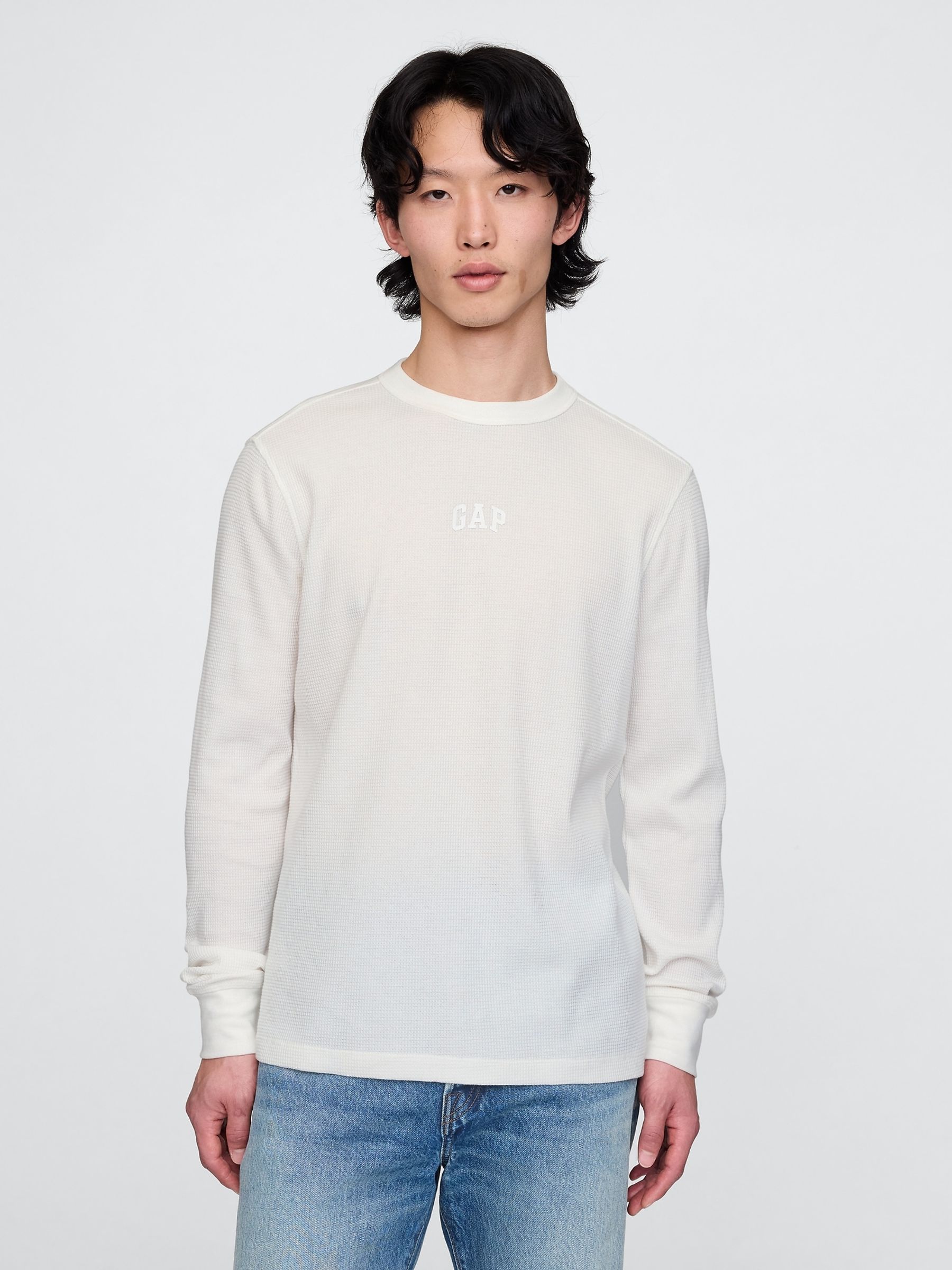 White Long Sleeve Logo Waffle Knit T-Shirt - Image 1 of 5