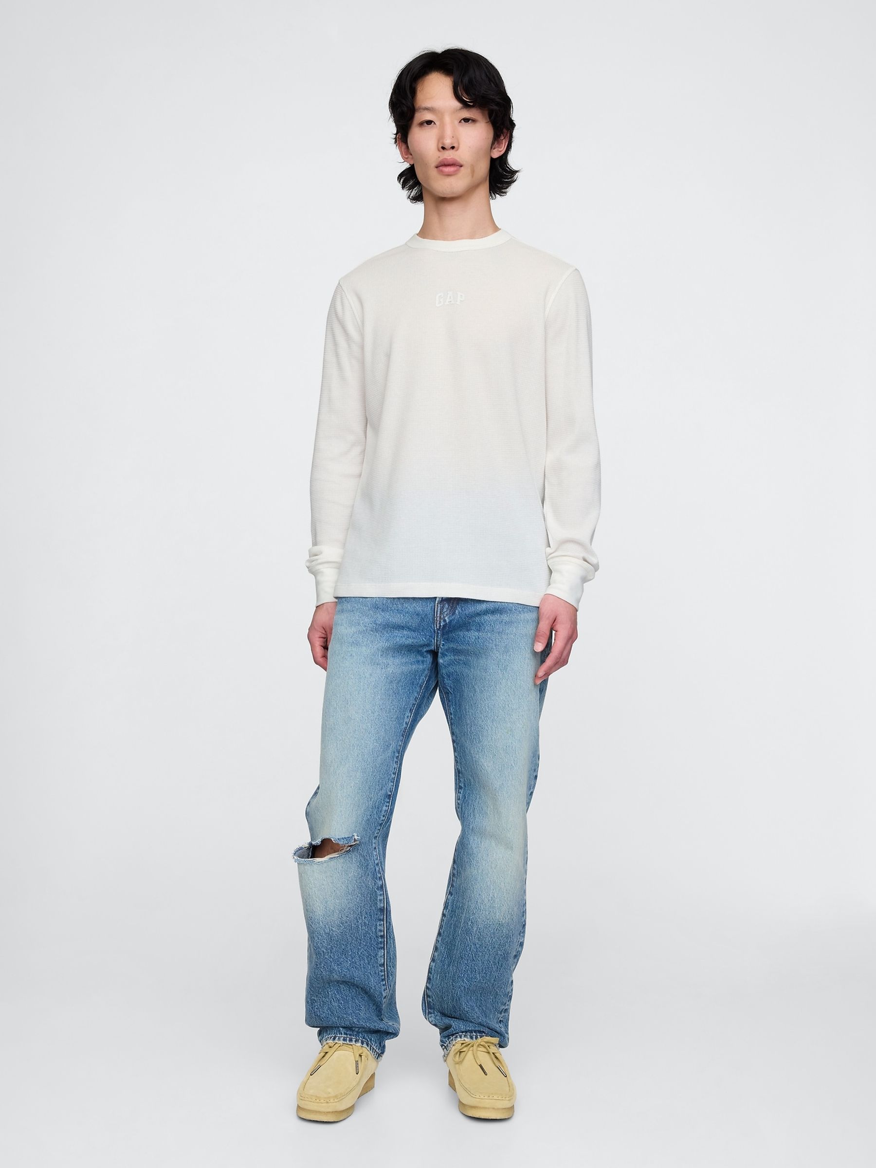 White Long Sleeve Logo Waffle Knit T-Shirt - Image 3 of 5