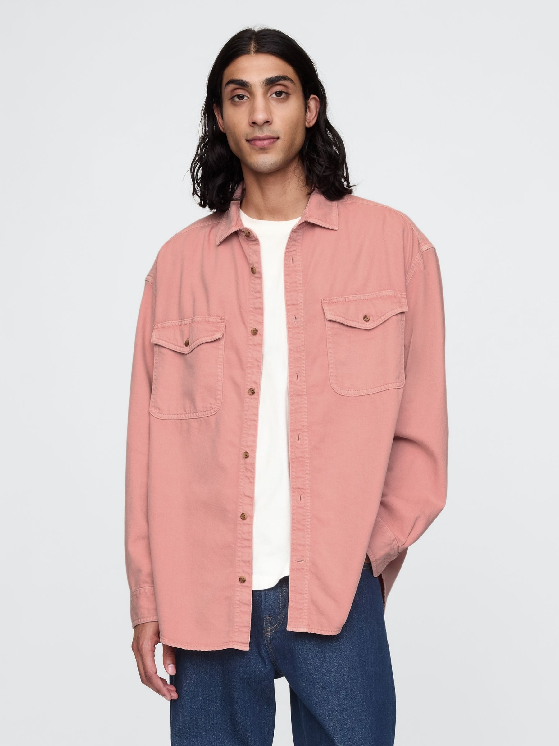 Pink UltraSoft Long Sleeve Oversized Denim Shirt - Image 1 of 5