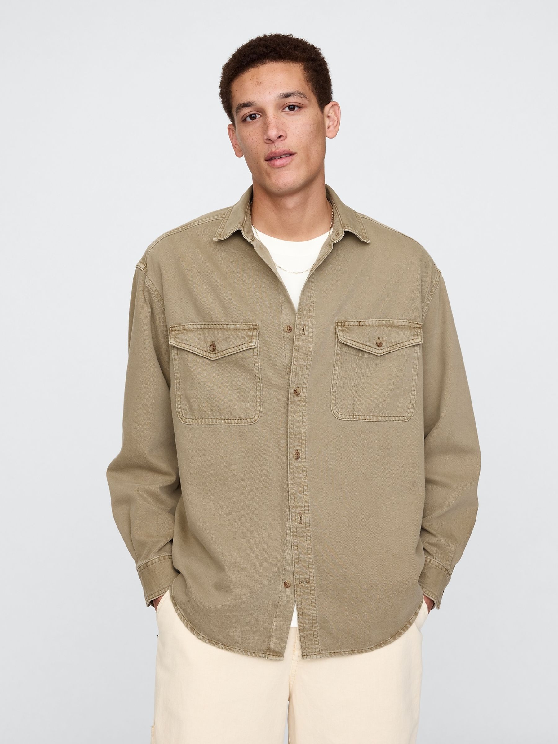 Brown UltraSoft Long Sleeve Oversized Denim Shirt - Image 1 of 5
