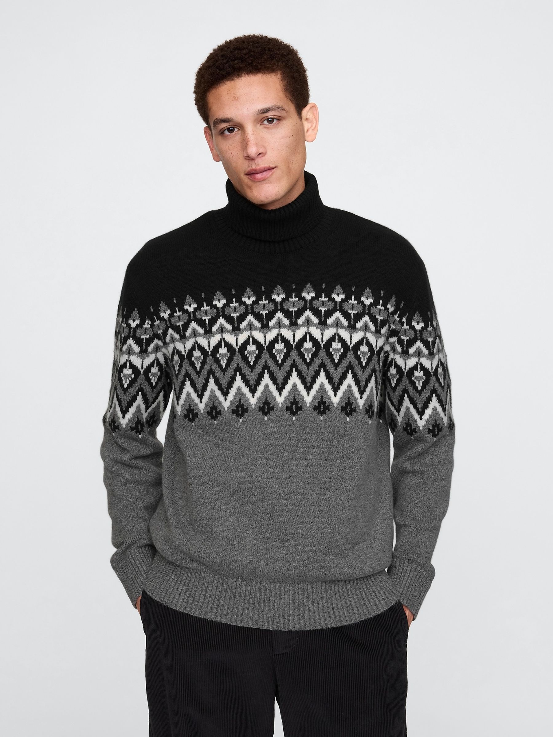 Black CashSoft Fair Isle Turtle Neck Jumper - Image 1 of 5