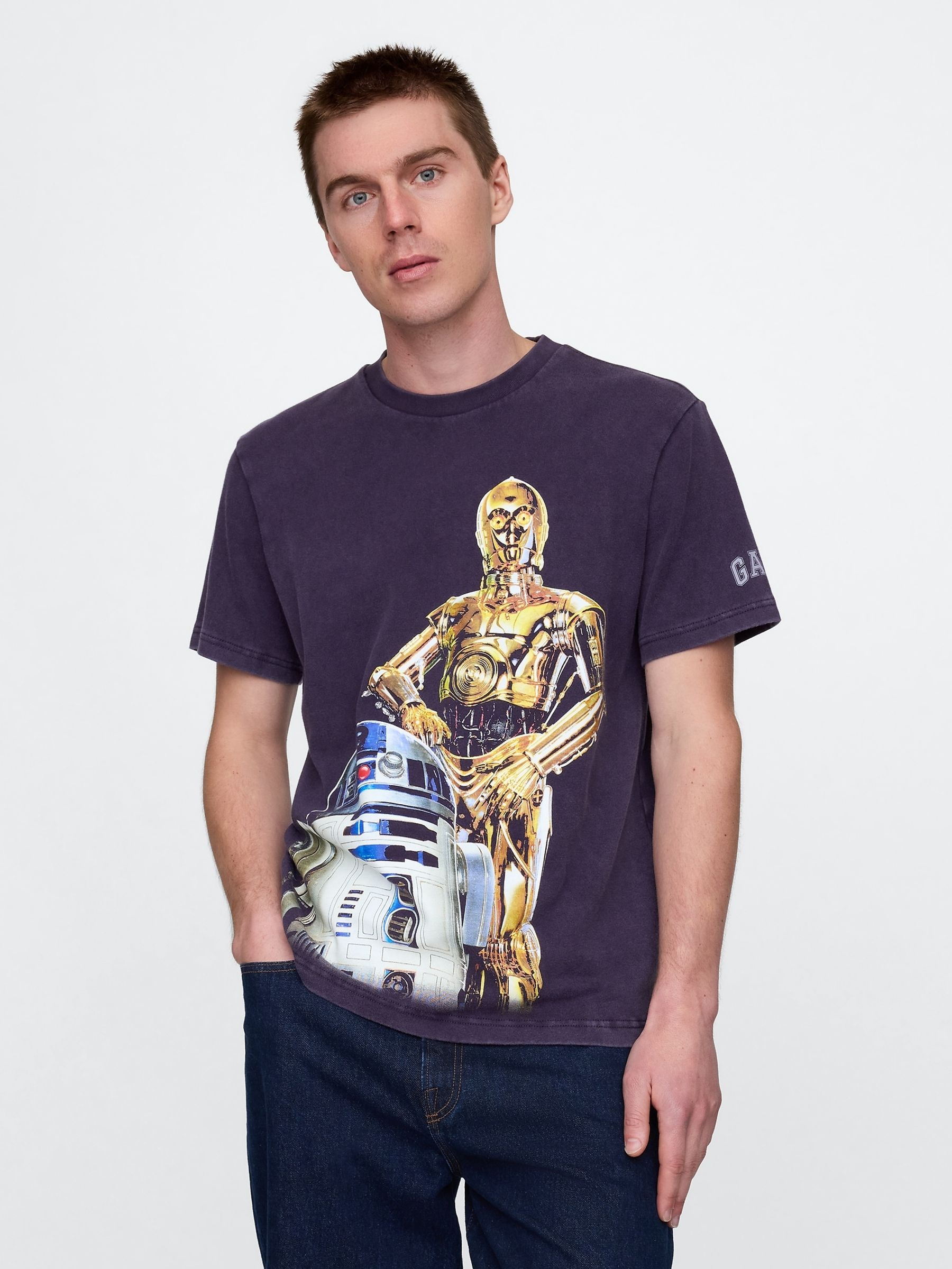 Purple R2D2 & C3PO Star Wars Cotton Crew Neck T-Shirt - Image 1 of 3