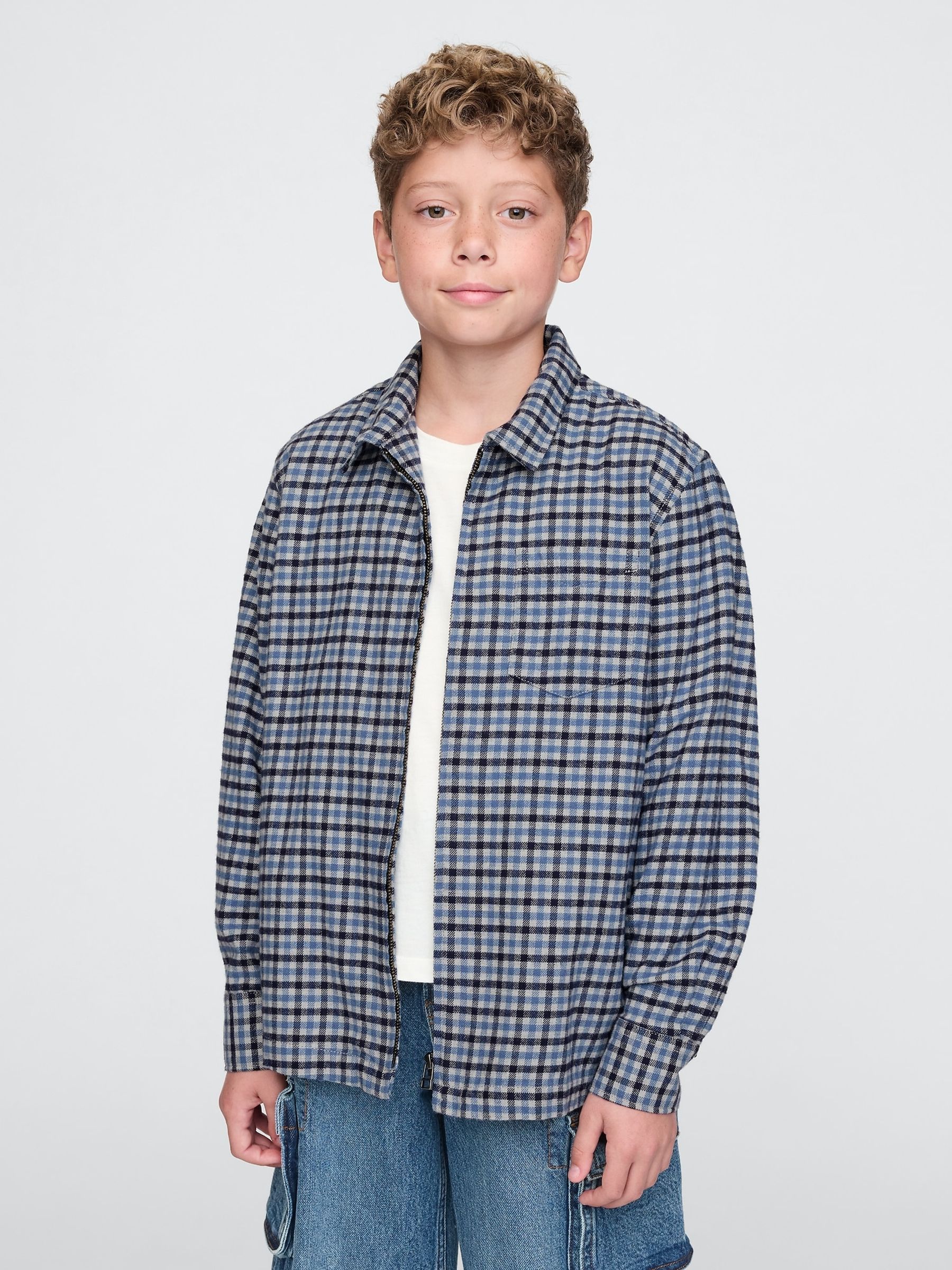 Blue Organic Cotton Flannel Full-Zip Shirt (4-13yrs) - Image 1 of 5