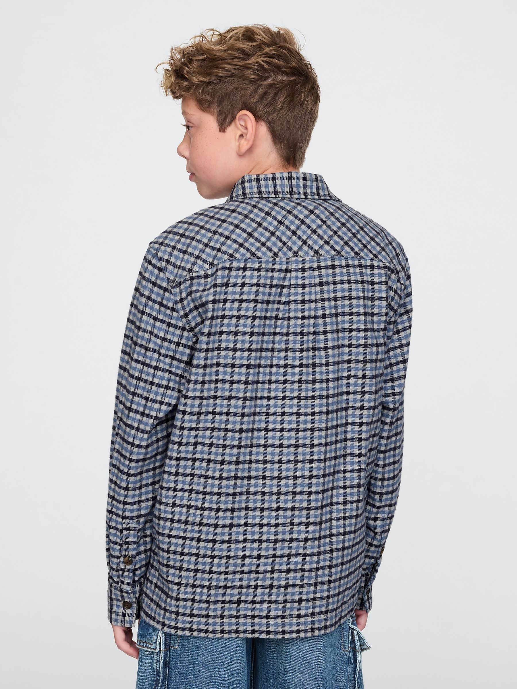 Blue Organic Cotton Flannel Full-Zip Shirt (4-13yrs) - Image 2 of 5