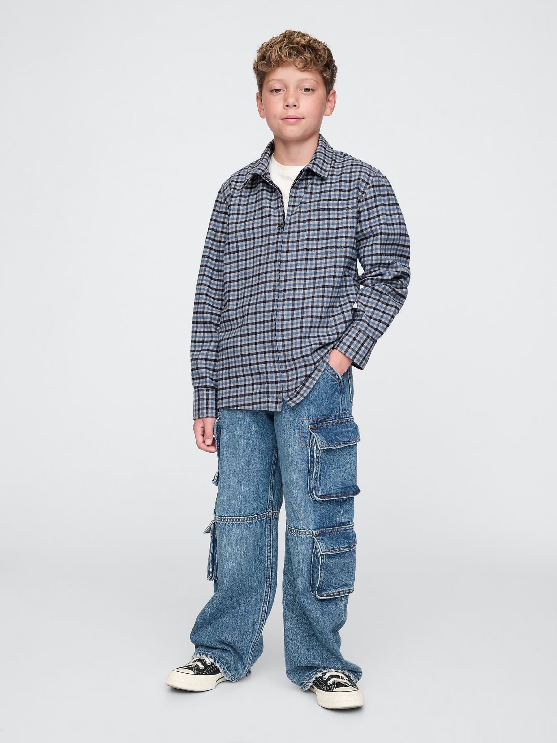 Blue Organic Cotton Flannel Full-Zip Shirt (4-13yrs) - Image 3 of 5