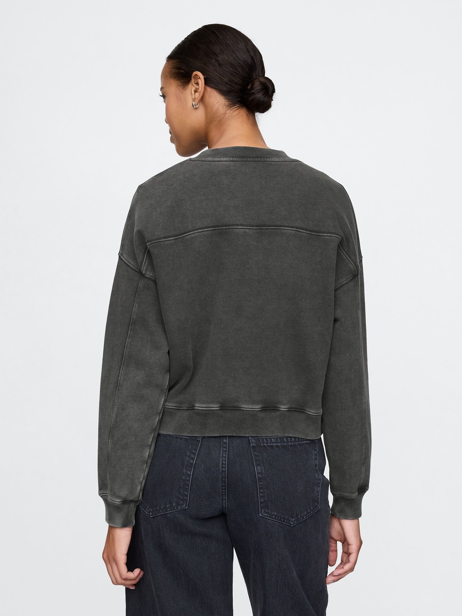 Black Vintage Oversized  V-Neck Sweatshirt - Image 2 of 4