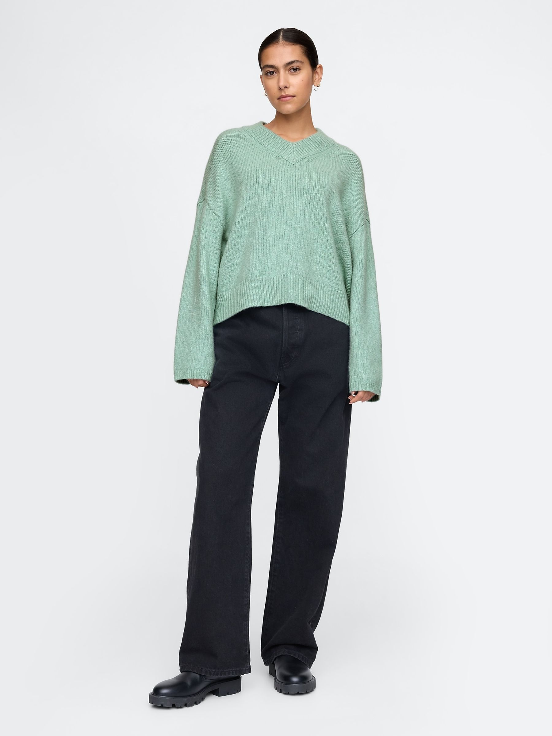 Green CashSoft Oversized V-Neck Jumper - Image 1 of 5