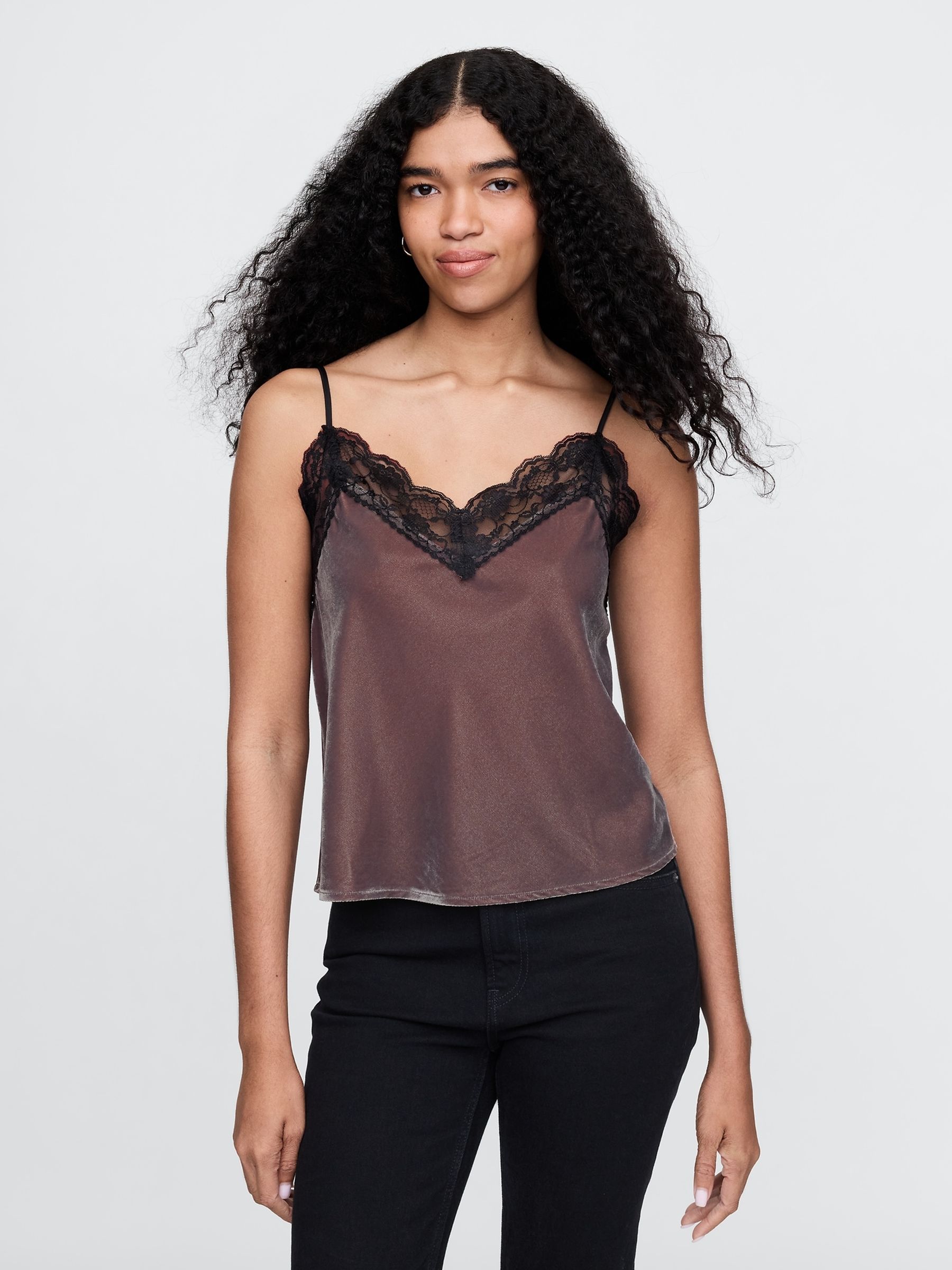 Brown V-Neck Velvet Lace-Trim Cami Top - Image 1 of 1