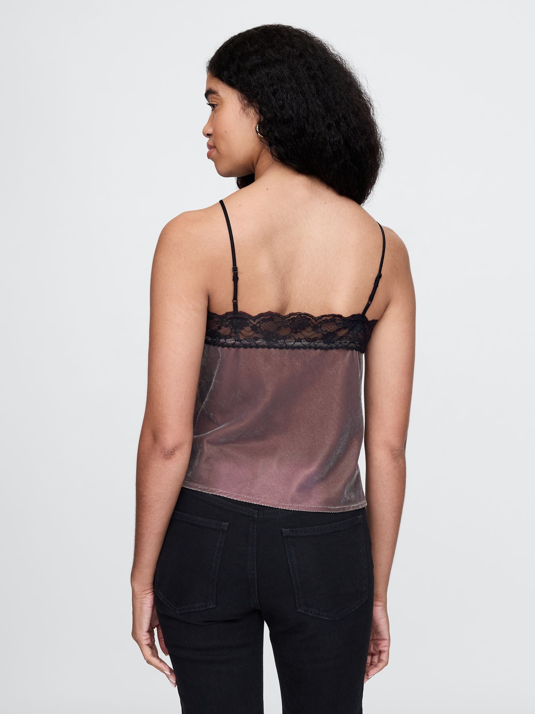 Brown V-Neck Velvet Lace-Trim Cami Top - Image 2 of 5