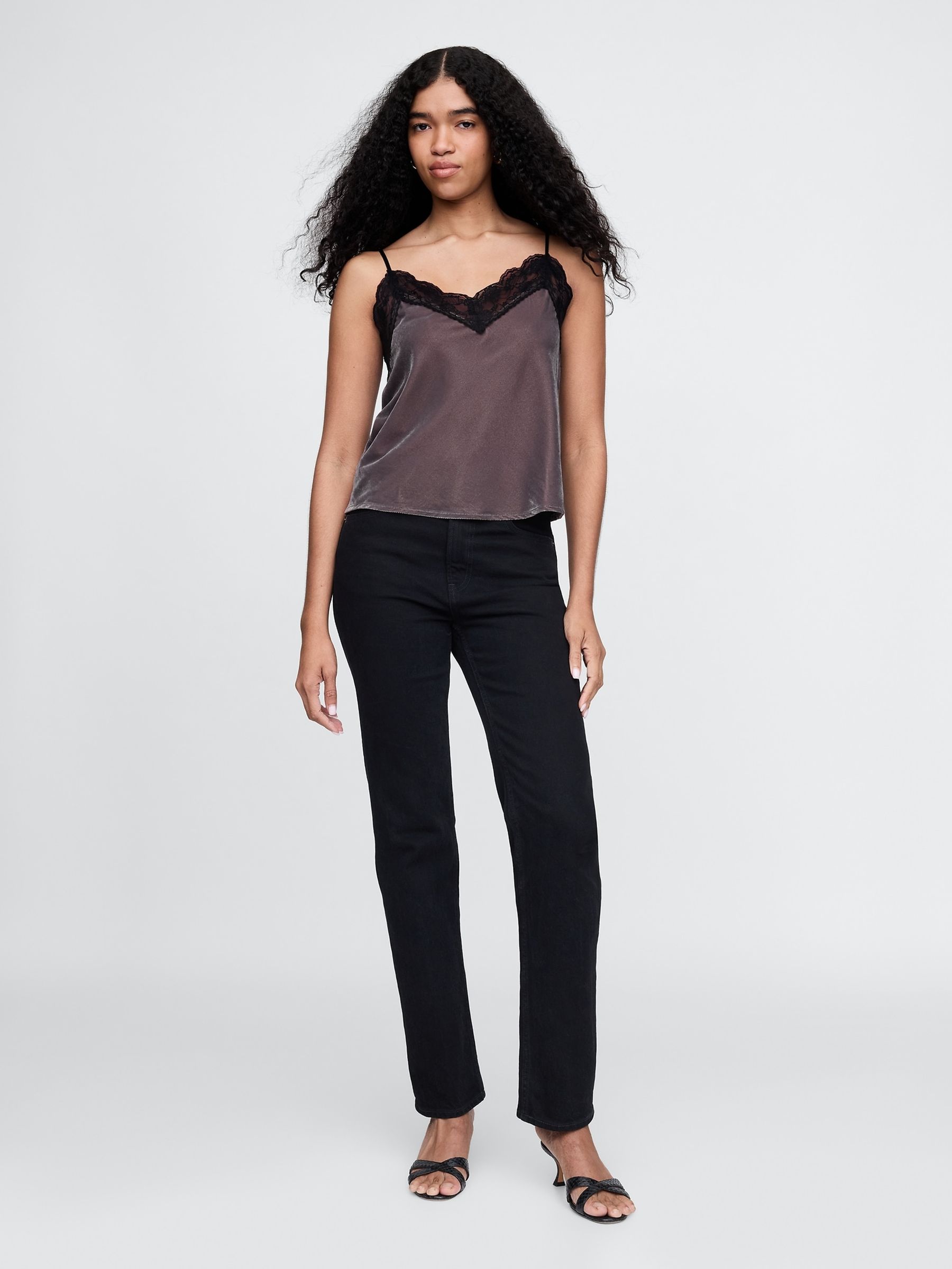 Brown V-Neck Velvet Lace-Trim Cami Top - Image 3 of 5