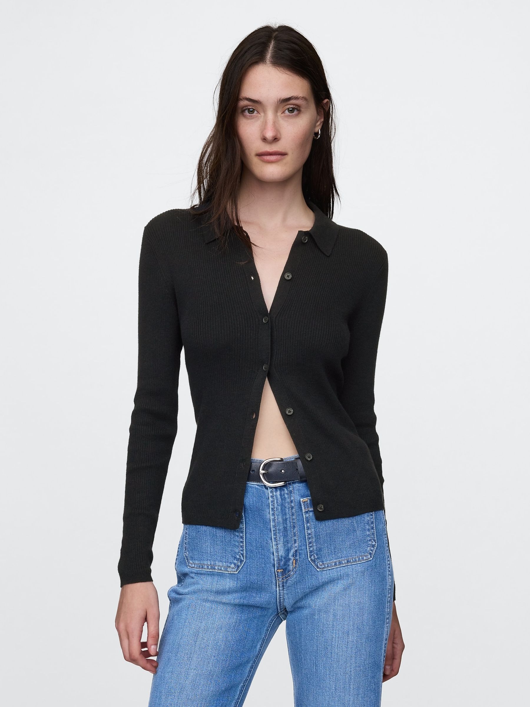 Black CashSoft Rib Polo Cardigan - Image 1 of 5