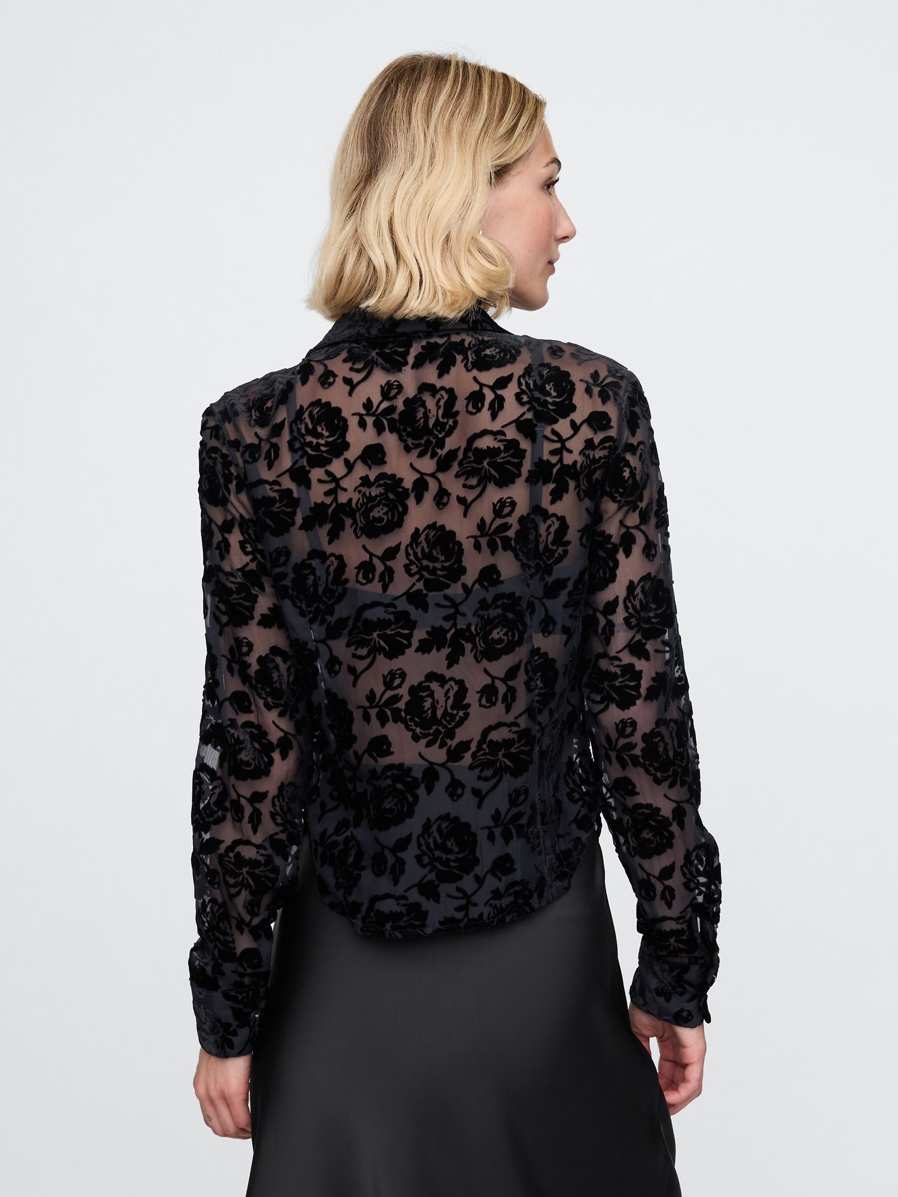 Black Floral Long Sleeved Cropped Velvet Shirt - Image 2 of 5